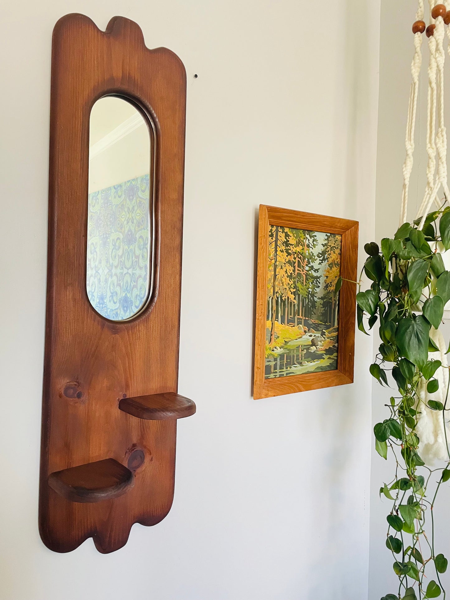Vintage Organic Wavy Shaped Wood Mirror with Two Shelf Ledges - 3.5 Feet Long - No Shipping
