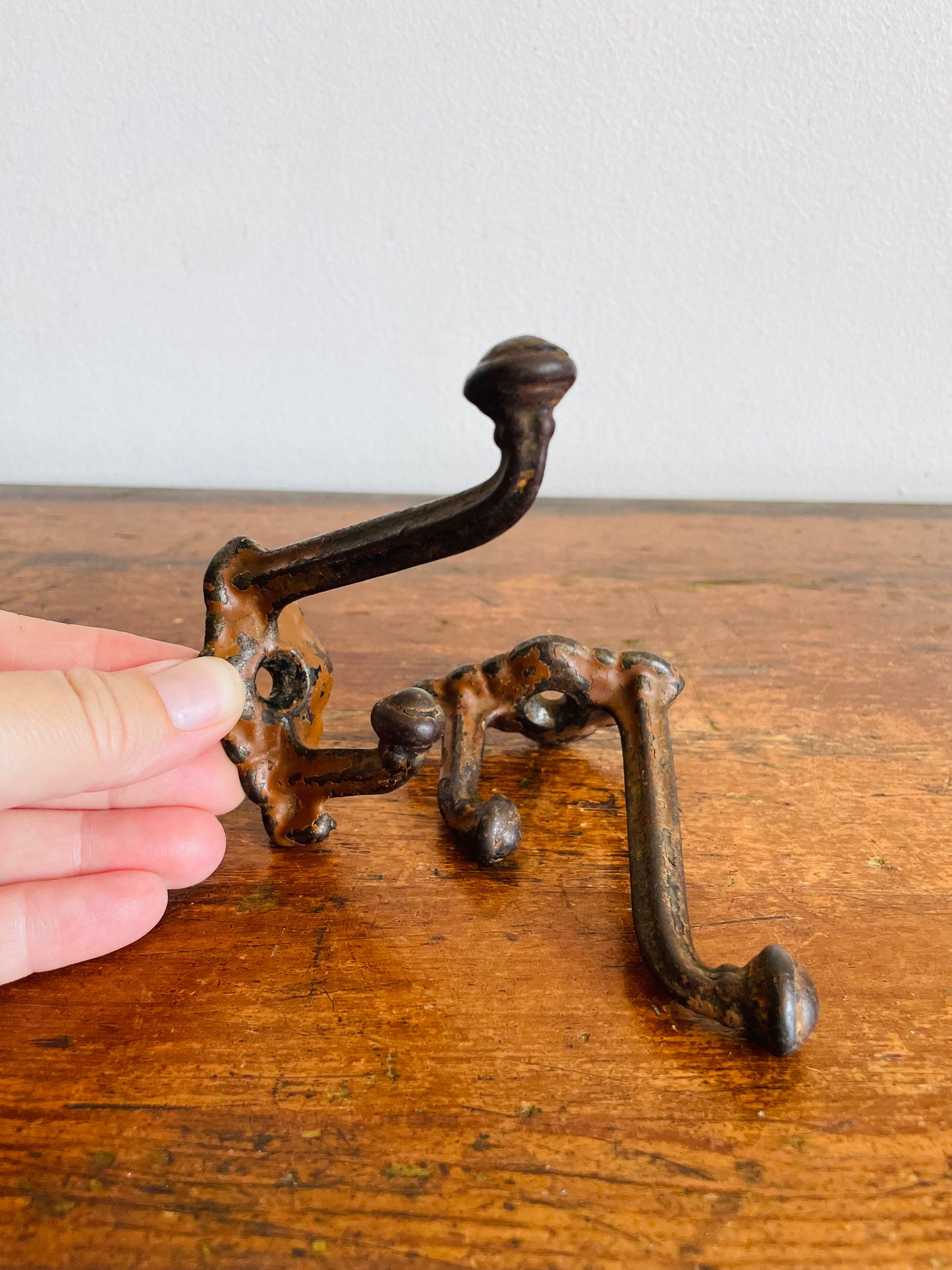 Vintage Black Metal Double Wall Hook Hangers with Chippy Brown Paint - Architectural Salvage / As Found - Set of 2