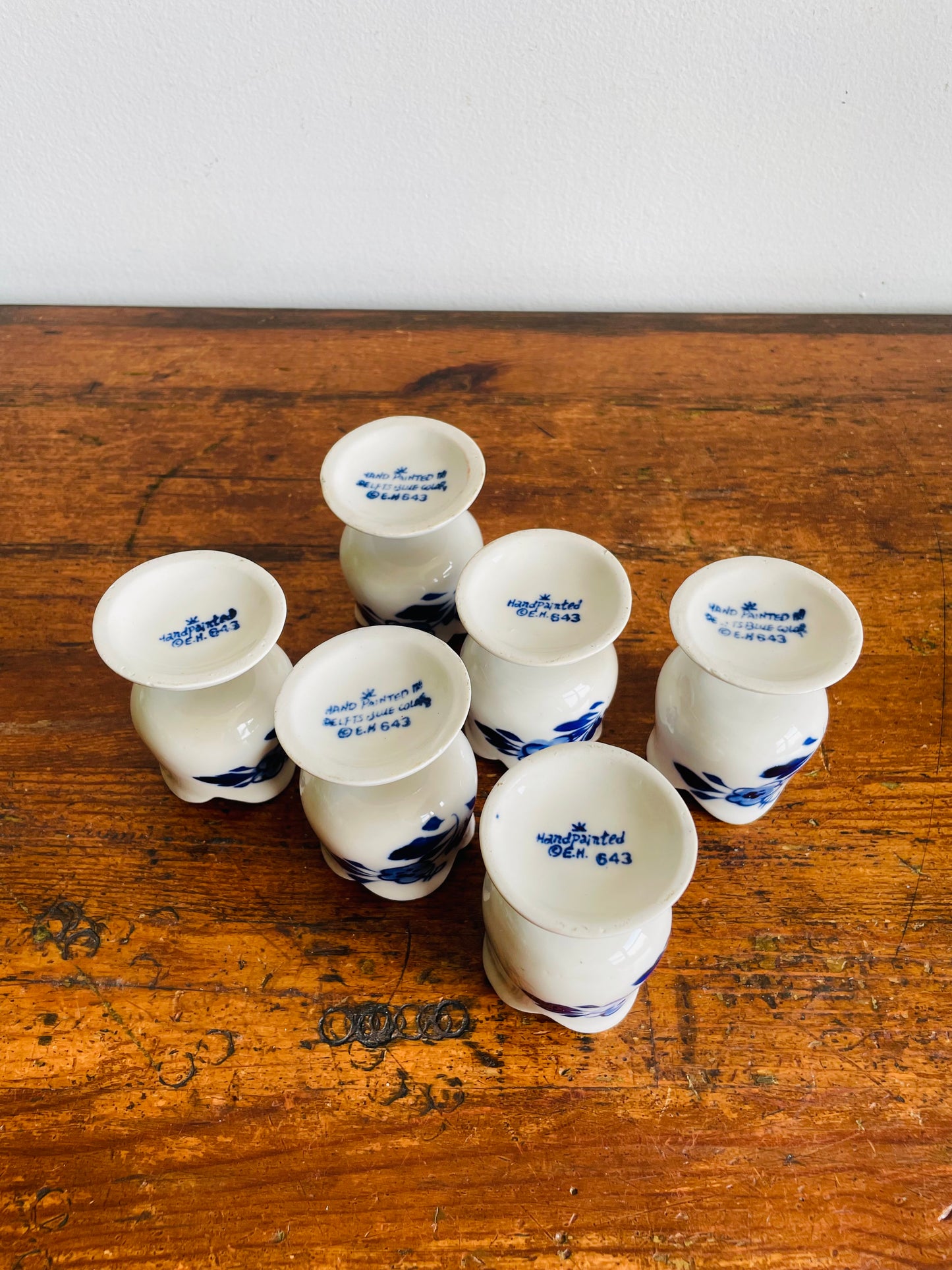 Vintage Hand Painted Delft Blue Tulip Shaped Egg Cup Holders with Flower & Windmill Design - Set of 6