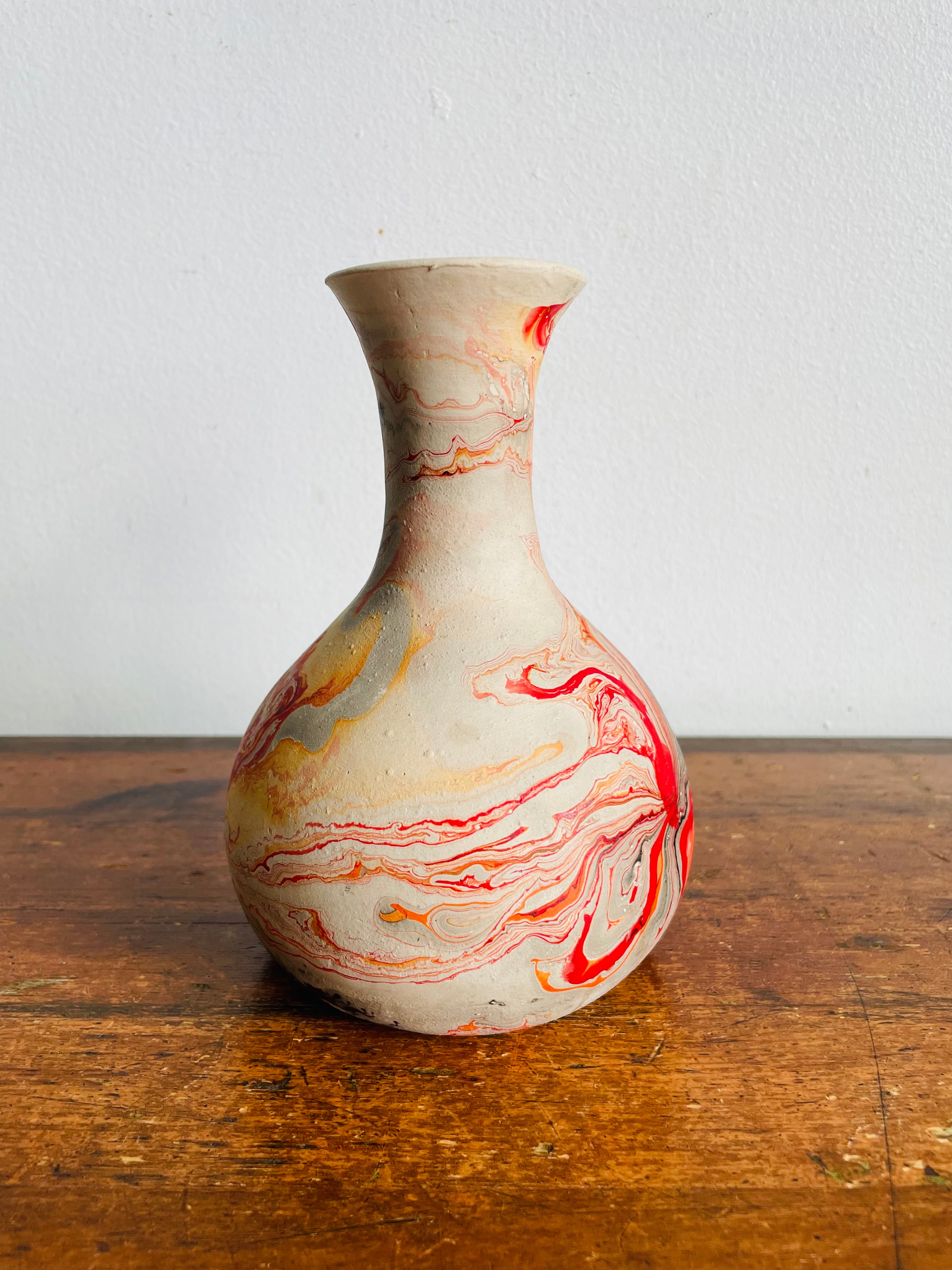 Vintage Nemadji Clay Pottery Vase - Red, Orange & Black Marbled