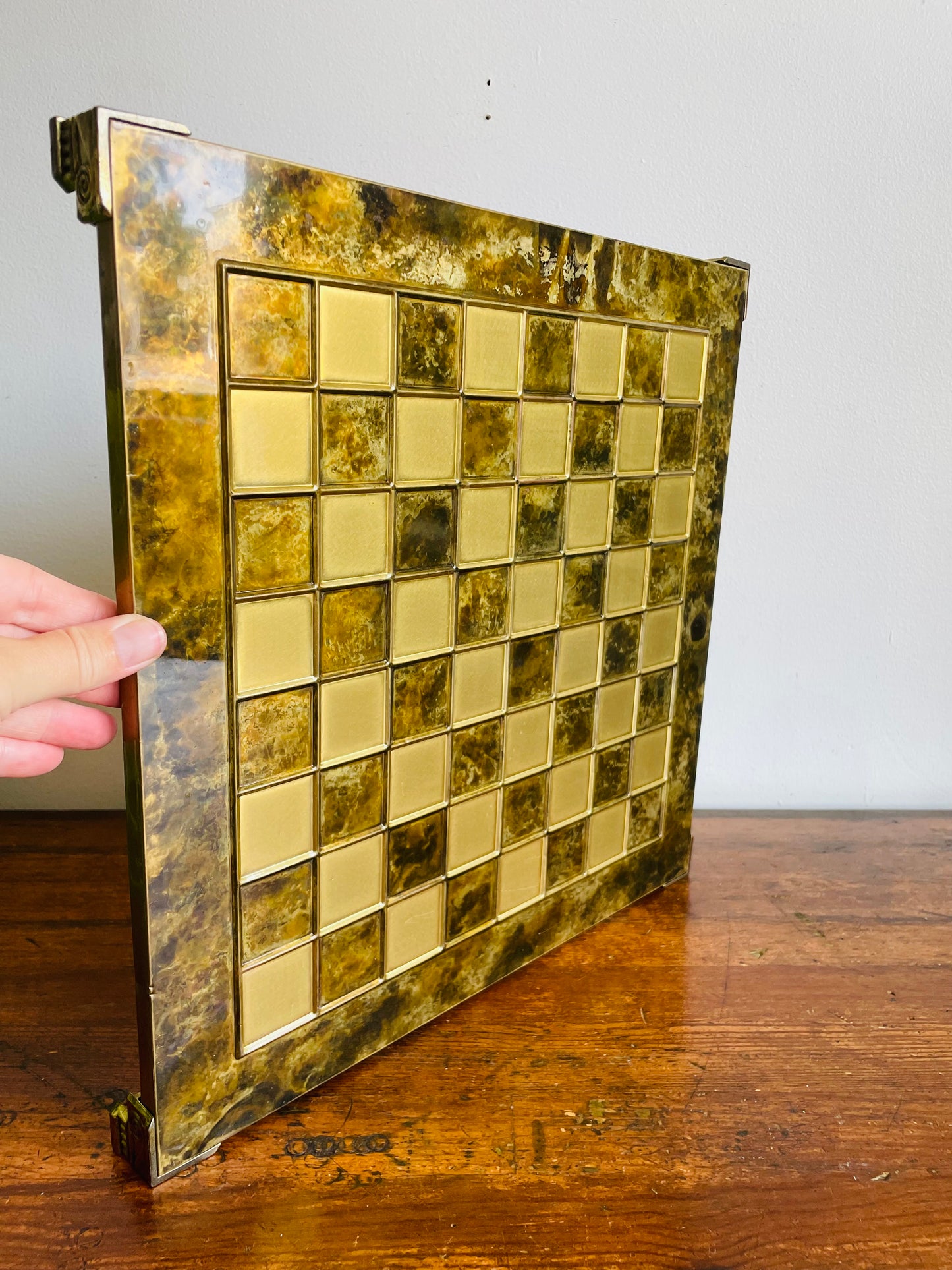 Footed Solid Brass Chessboard with Marbled Design - Great for a Game, Staging, Tray, Background, Etc.