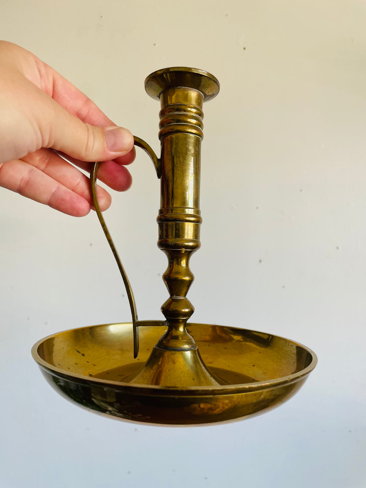 Vintage Tall Solid Brass Chamberstick Candle Holder - Made in India