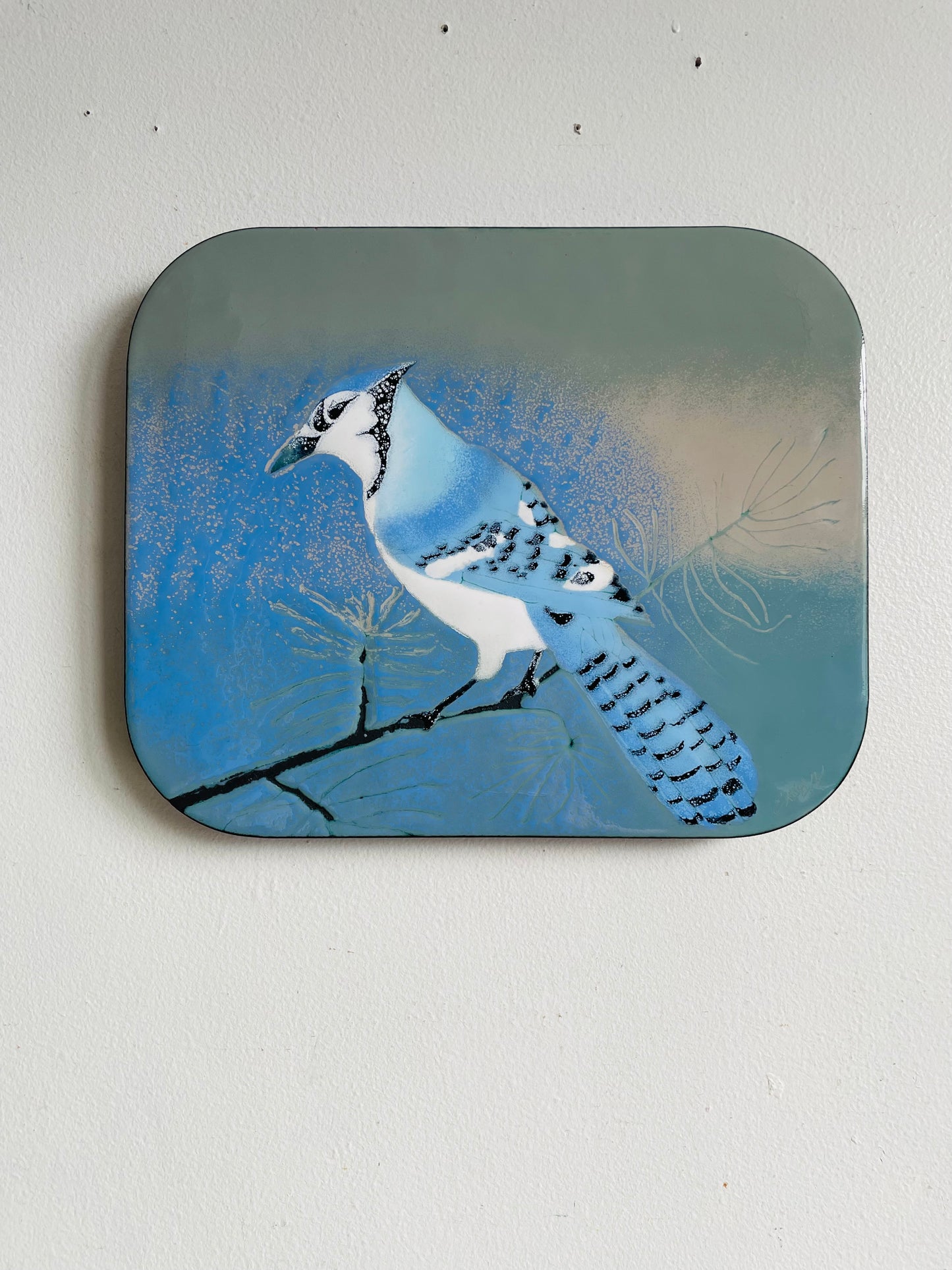 Vintage Hand Enamel on Copper Wall Plaque Picture - Signed by Canadian Artist B. E. Eren - Blue Jay Bird - Made in Canada