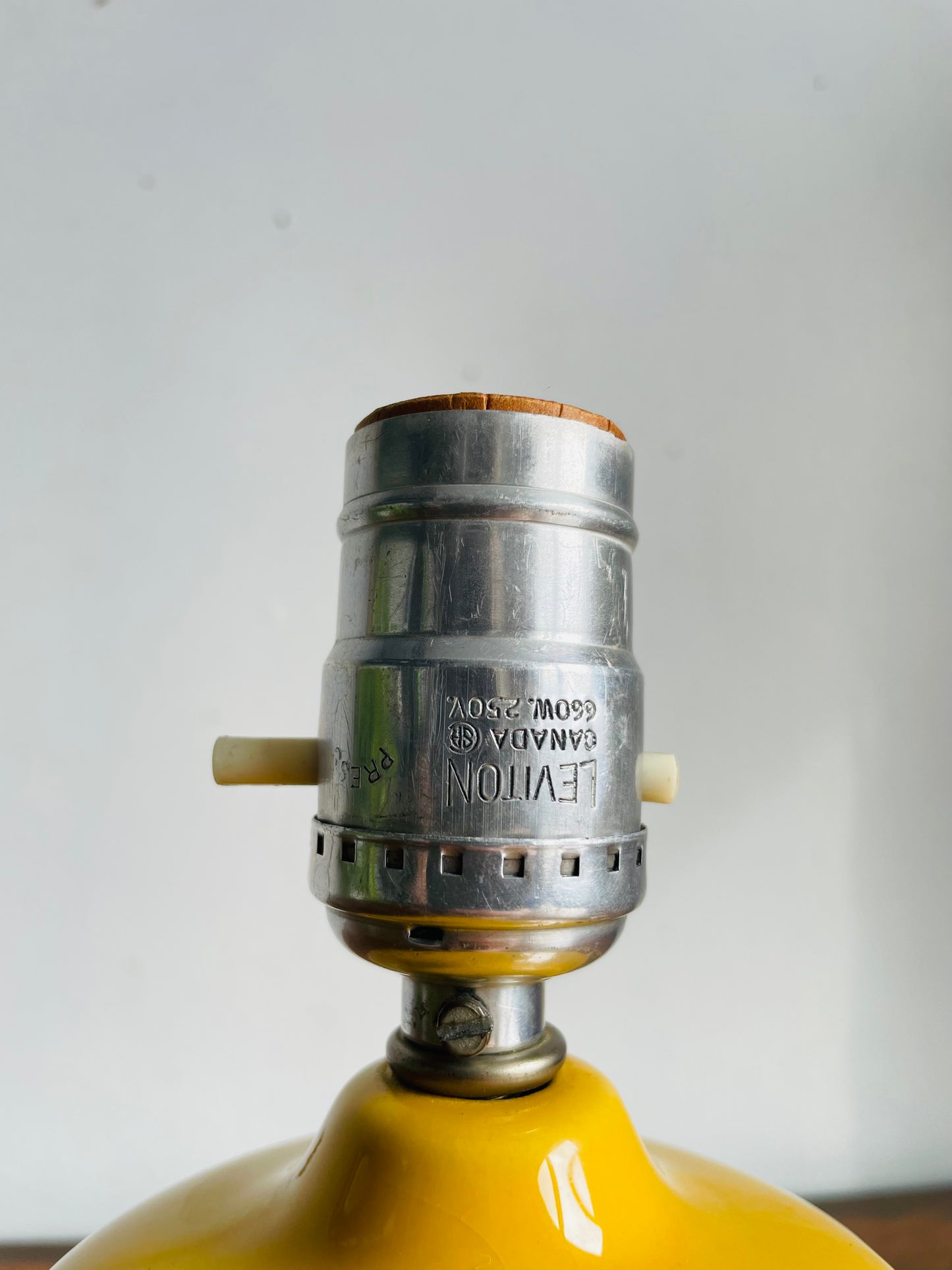 Vintage MCM Leviton Canada Bright & Cheerful Yellow Ceramic Table Lamp with Bamboo Textured Pattern