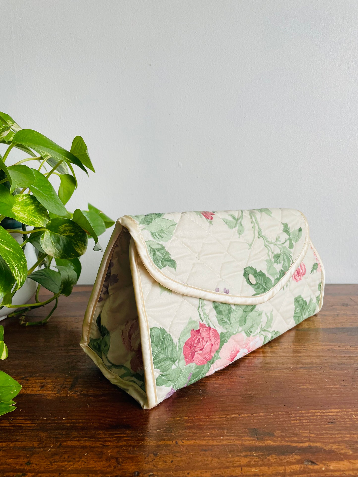 Quilted Floral Fabric Toiletry Case or Travel Bag with Lined Interior - Zips & Snaps Closed