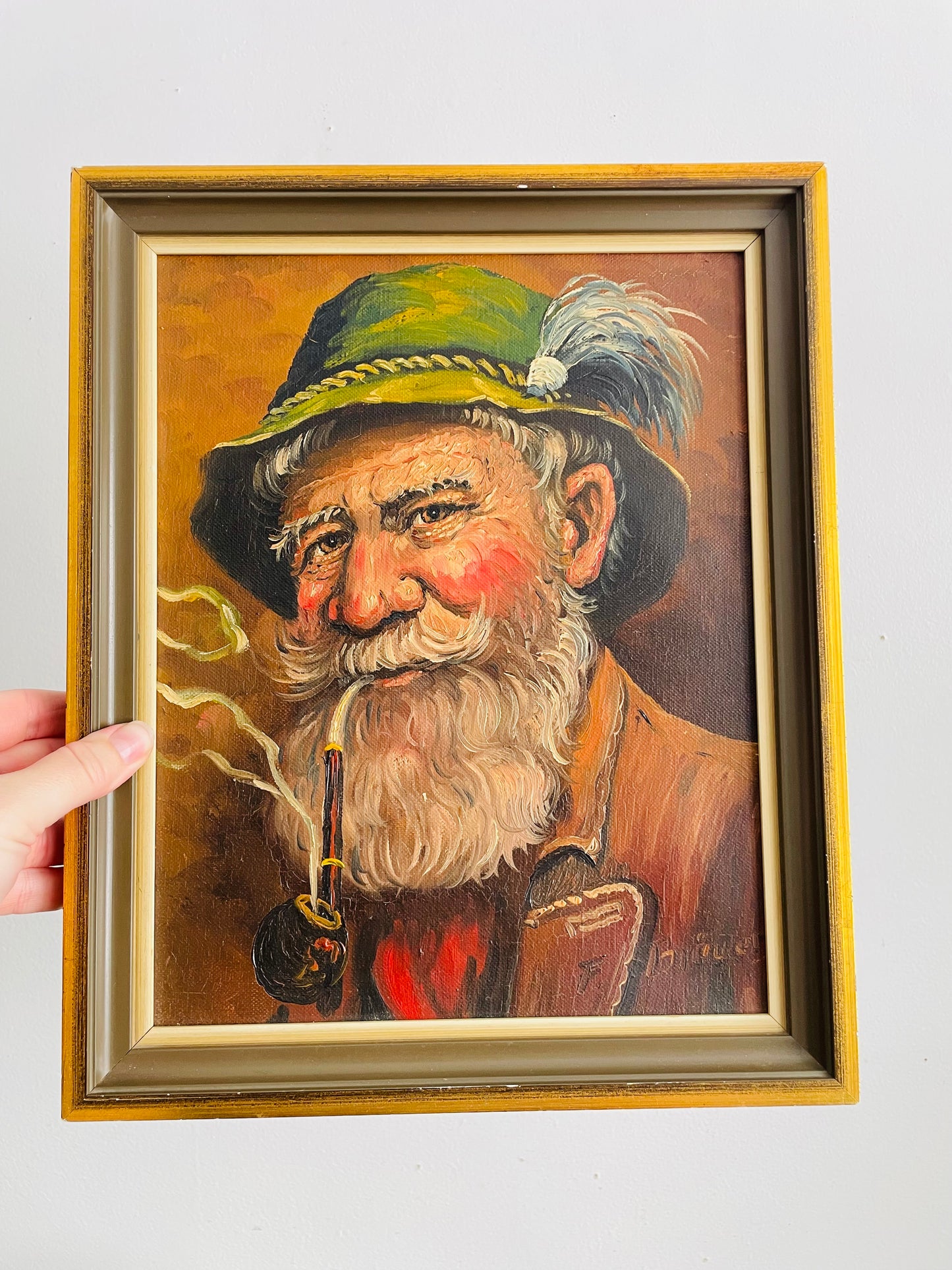 Vintage Original Art Painting Picture - Portrait of a Bavarian Man Wearing a Tyrolean Hat with Feather Plume & Smoking a Pipe