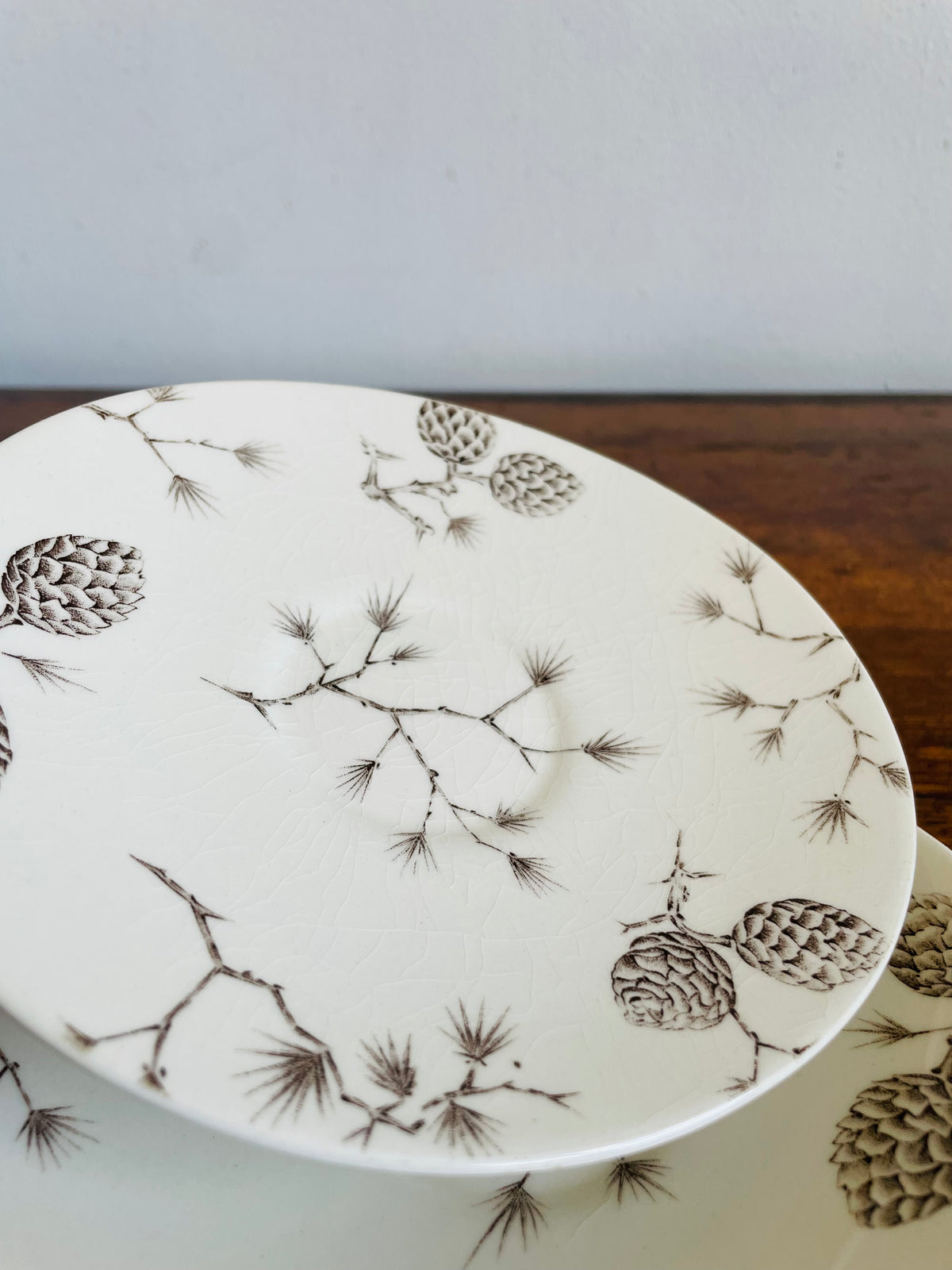 Vintage Wood & Sons "North Woods" Pattern Saucer Plates with Pinecone Design - Engraved by Hand - Made in England - Set of 3