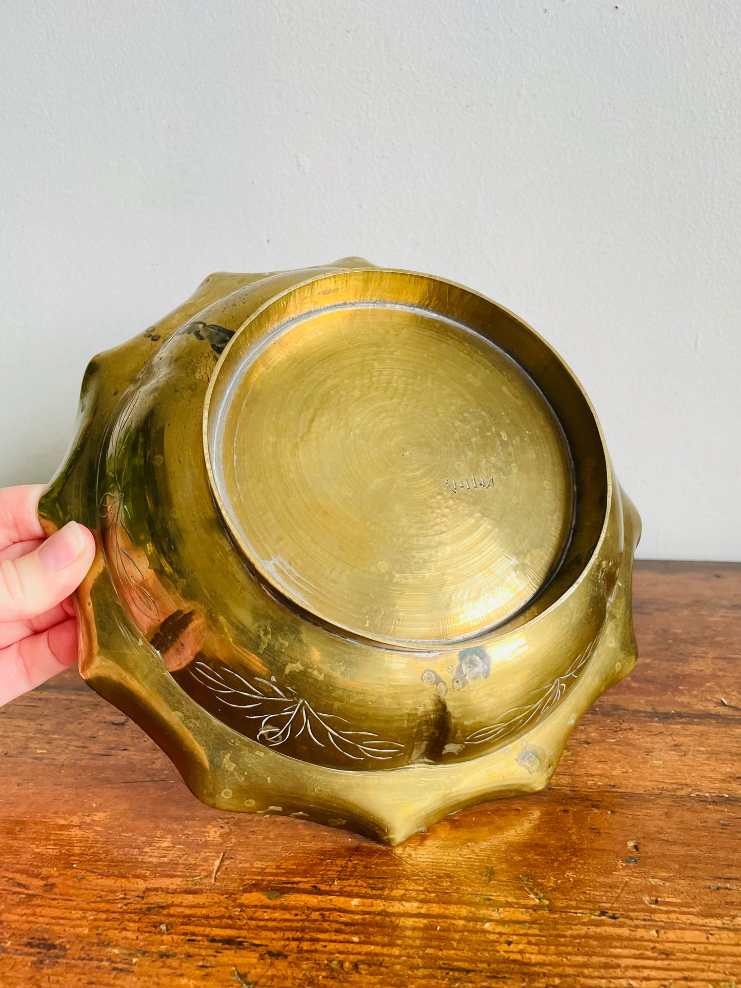Vintage Solid Chinese Brass Footed Bowl with Etched Dragon Design