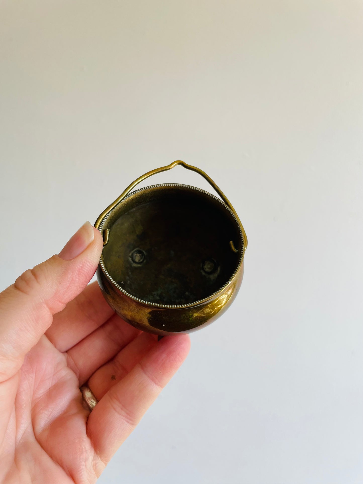 Miniature Footed Brass Cauldron Pot with Handle