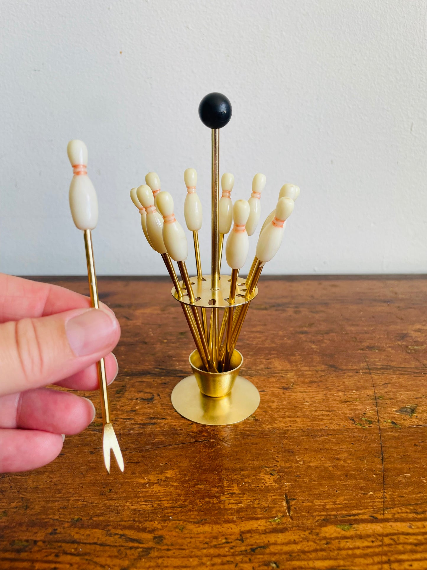 Vintage Set of 12 Bowling Pin Mini Appetizer Skewer Forks in Display Stand with Carry Handle - Cocktail / Hors d'oeuvres / Olives - Retro MCM Barware