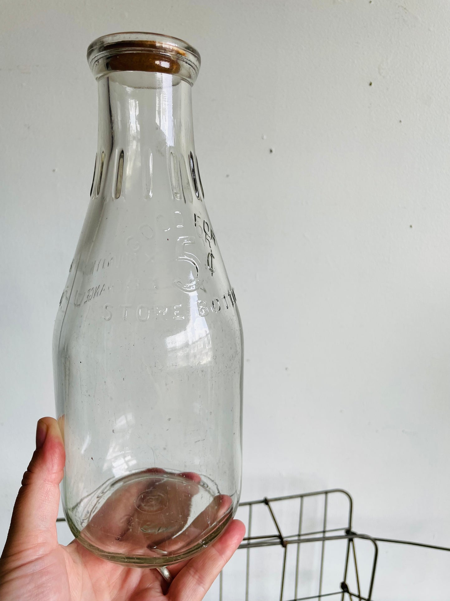 Vintage Metal Milk Bottle Caddy Carrier with Handles & Three Glass Milk Bottles with Cardboard Bottle Caps
