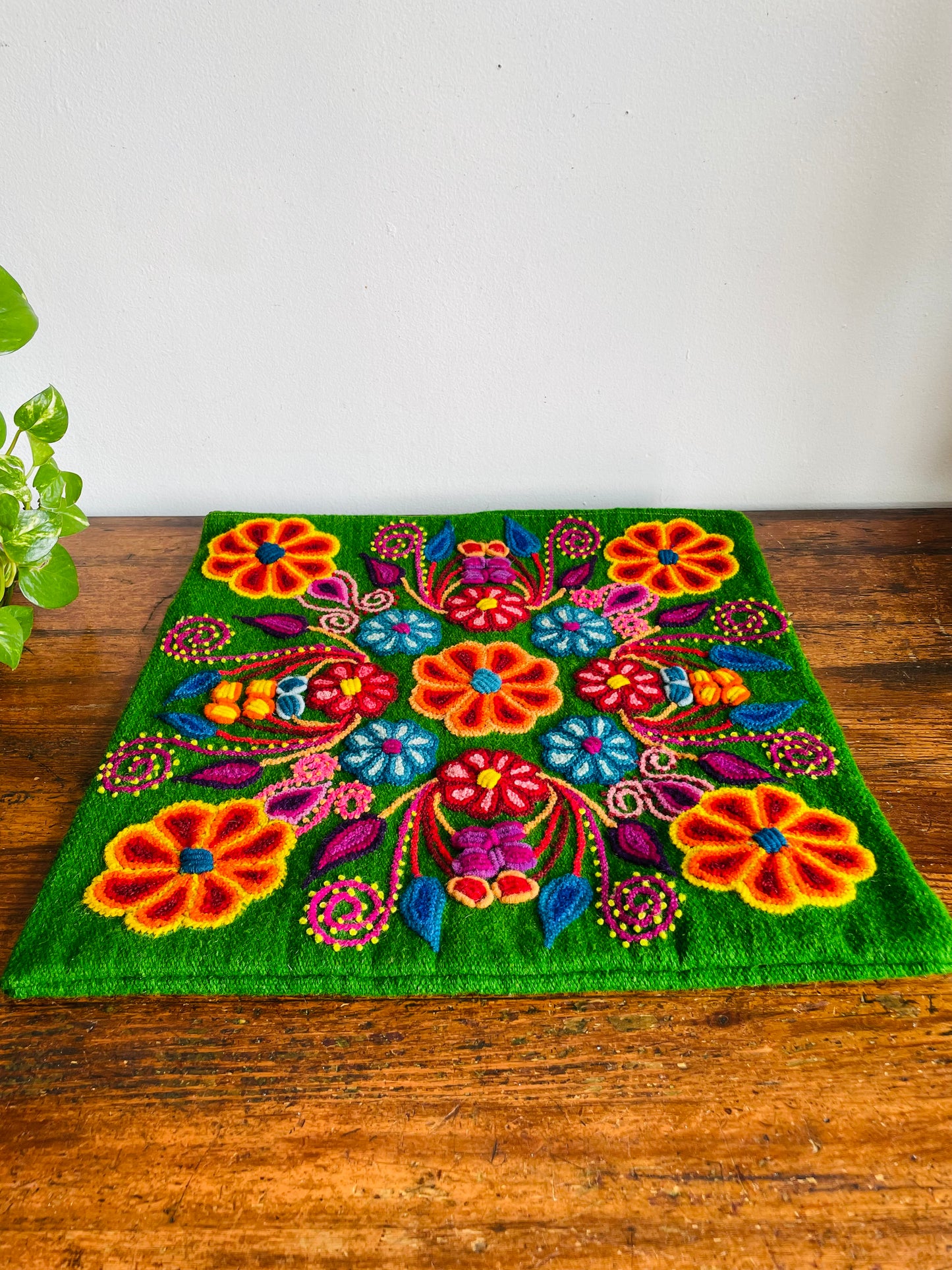 Vintage Green Zippered Wool Pillowcase Throw Pillow Cushion Cover with Fun & Bright Embroidered Folk Art Flower Design - Whimsical Decor