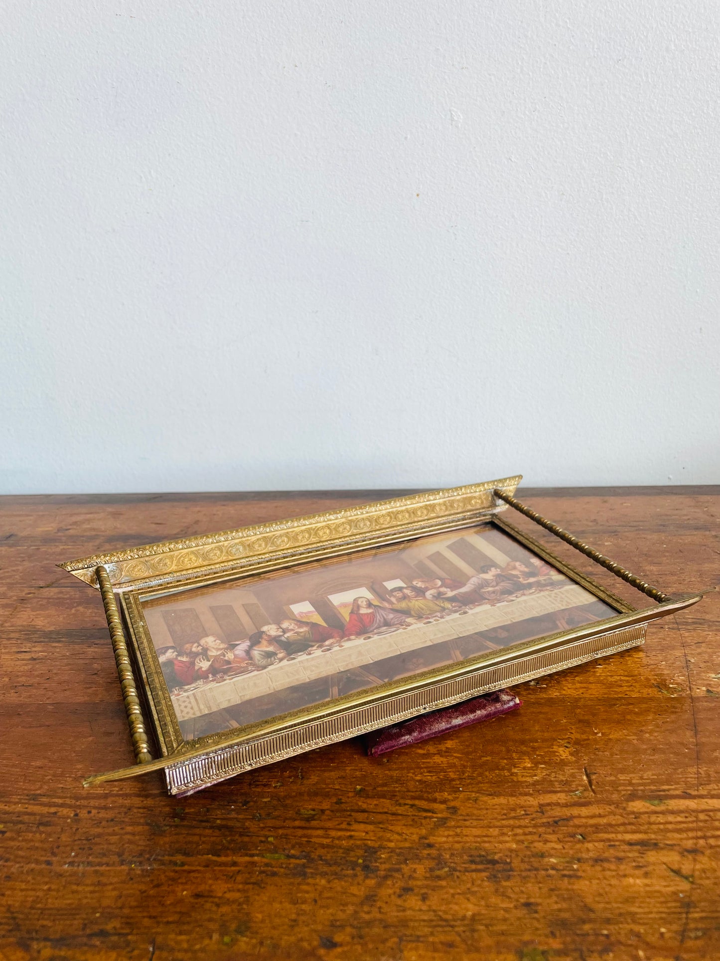 Vintage Unique Solid Brass Picture Frame with The Last Supper Religious Print Inside - Print Can Be Removed & Replaced - Easel Backing & Hooks for Hanging