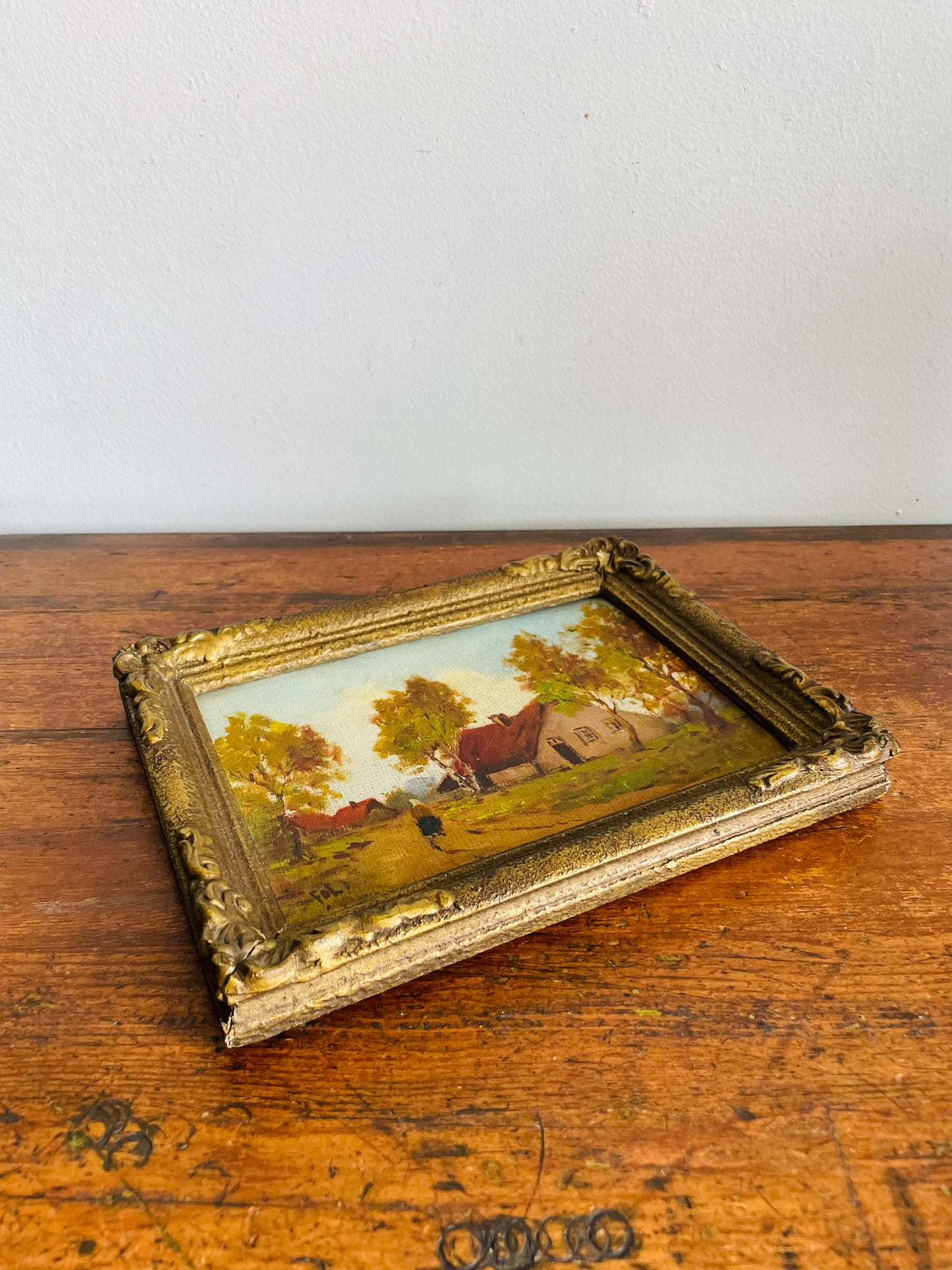Vintage Original Art Painting in Gold Frame - European Rural Countryside Scene with Houses & Woman Walking Down Lane - Artist Signed