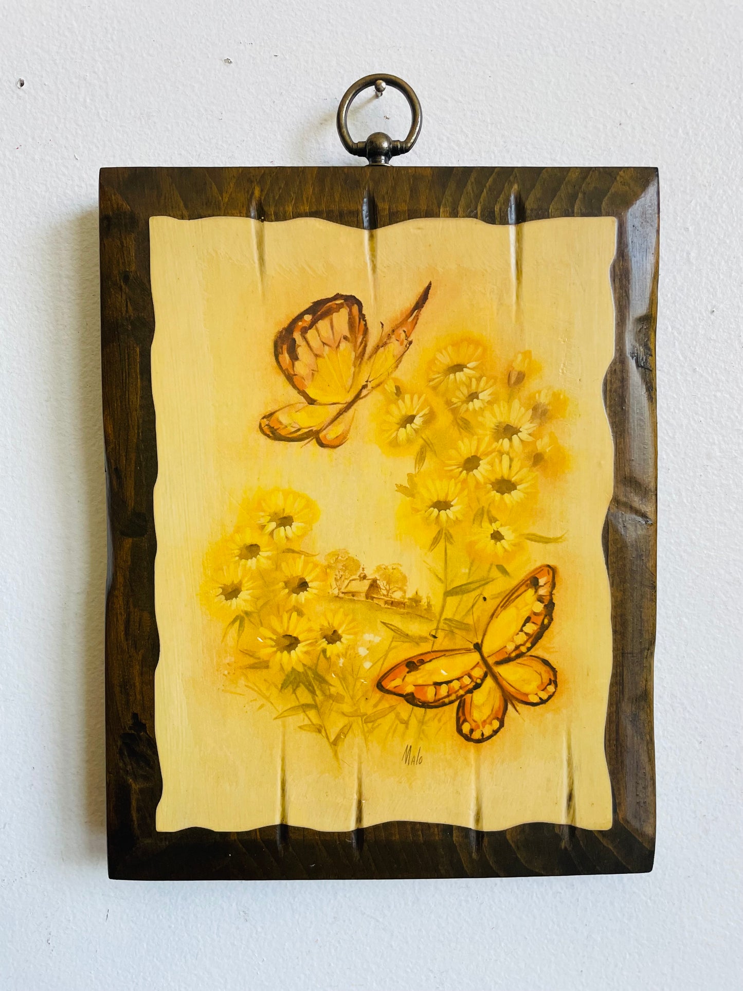 Vintage Wood Plaque Picture with Yellow & Orange Butterflies & Flowers