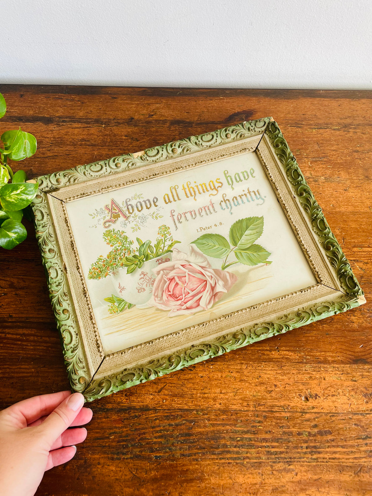 Antique 1891 Botanical Pink Rose Print Picture with Bible Verse I Peter 4.8 - Above All Things Have Fervent Charity - Ornate Wood Frame - 135 Years Old!