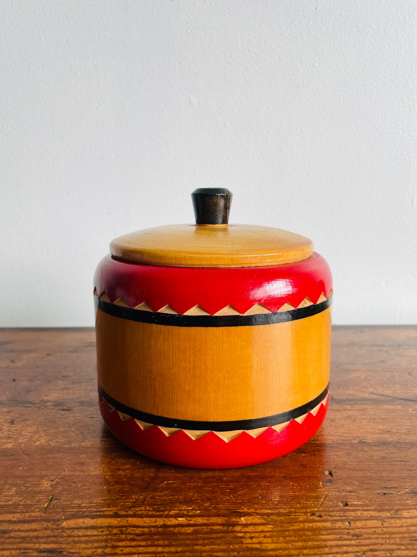 Eastern European Round Wooden Trinket Box with Lid & Handle