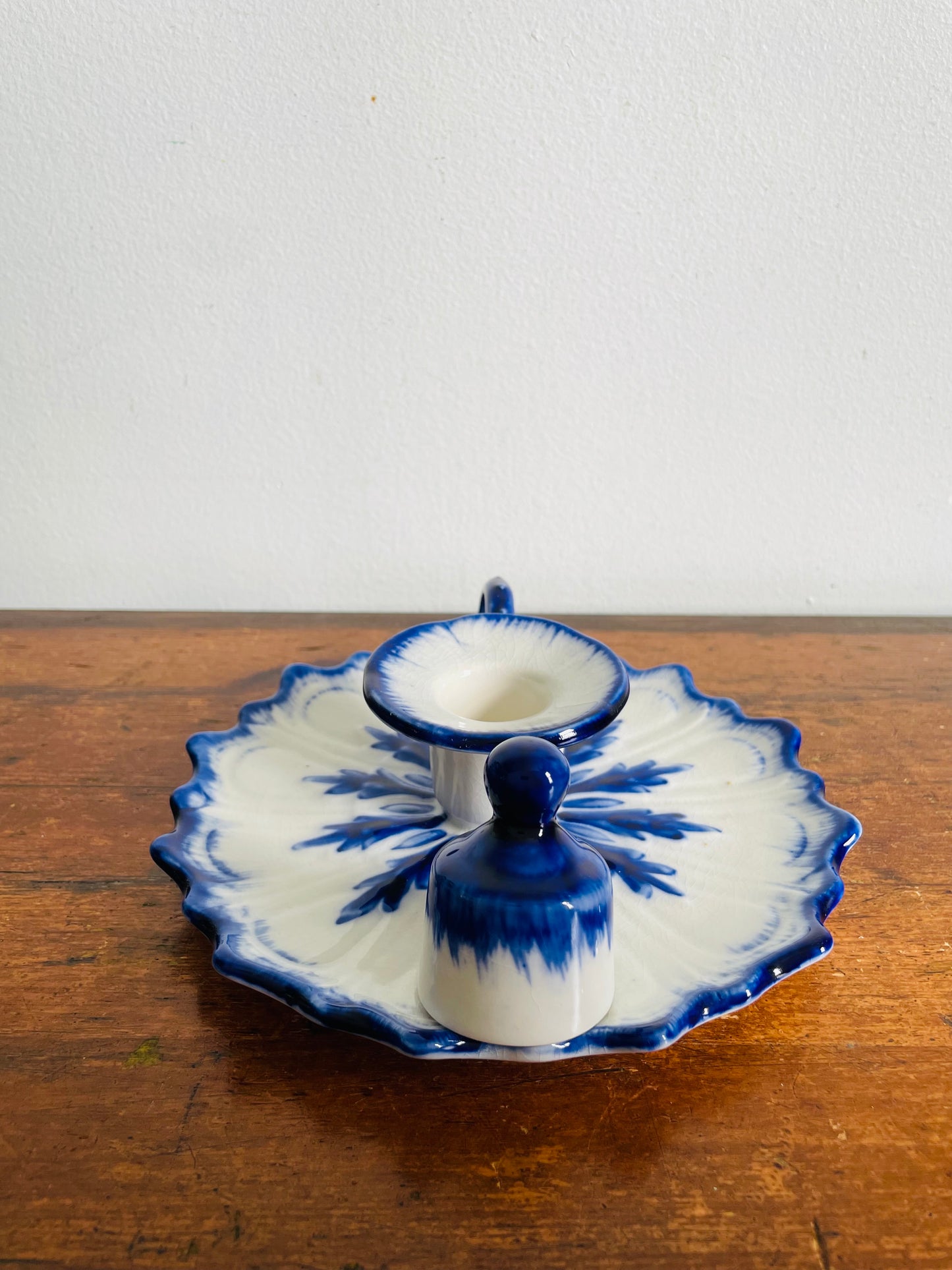 Vintage Staffordshire England Blue & White Ironstone Chamberstick Candle Holder with Snuffer