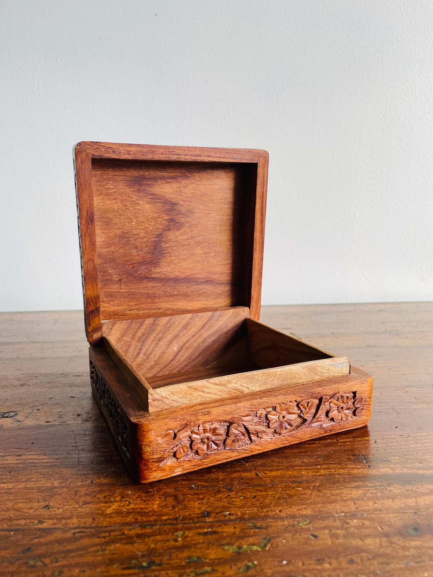 Square Indian Rosewood Box with Hinged Lid & Ornate Carved Flower Design