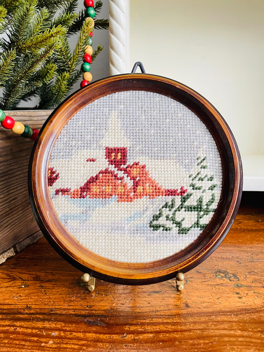 Vintage Round Embroidery Needlepoint Picture of Snowy Winter Village Scene