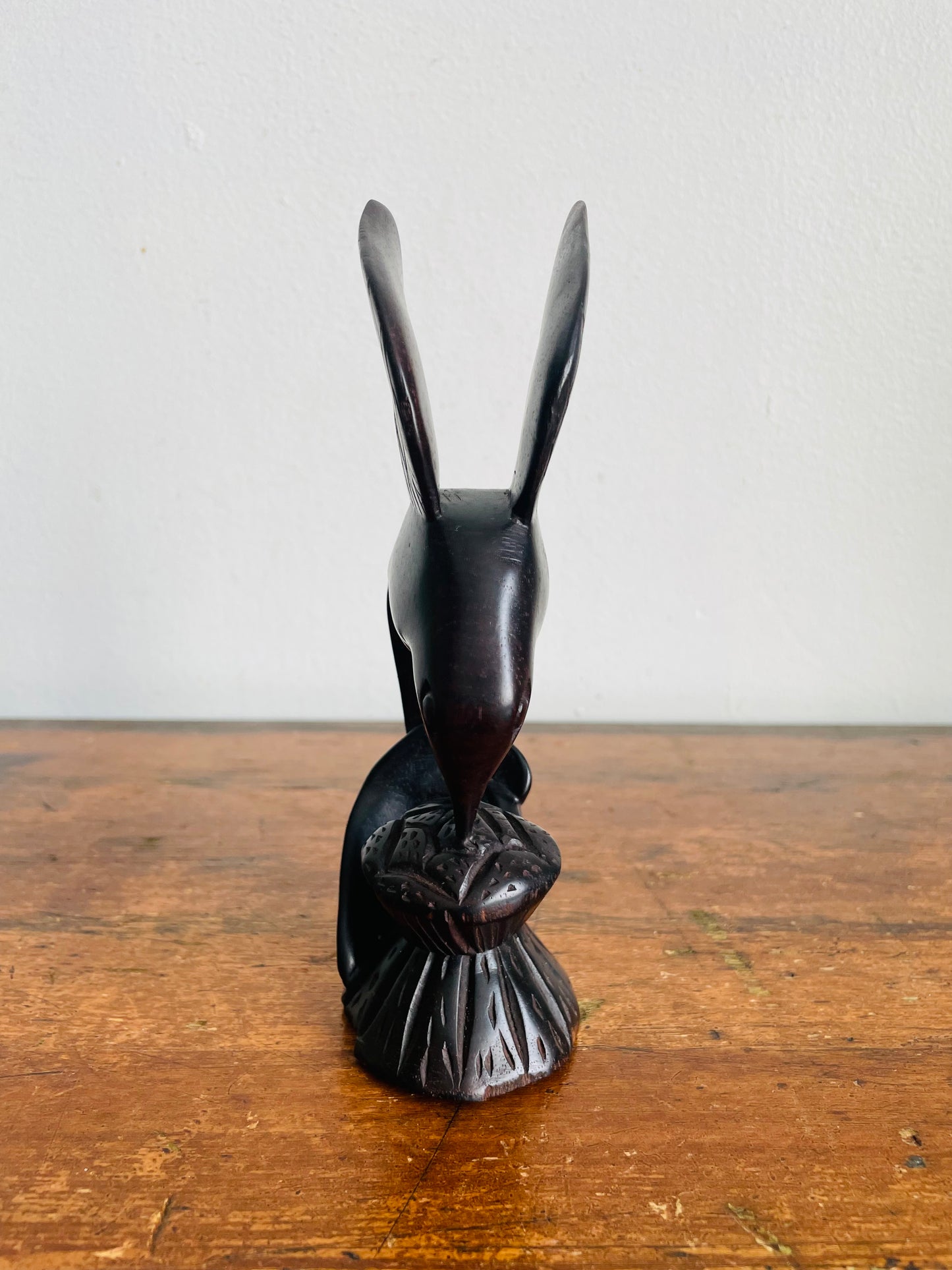 Vintage Hand Carved Dark Wood Hummingbird & Flower Sculpture