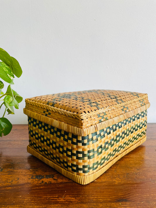 Woven Rectangular Wood Storage Basket with Lid