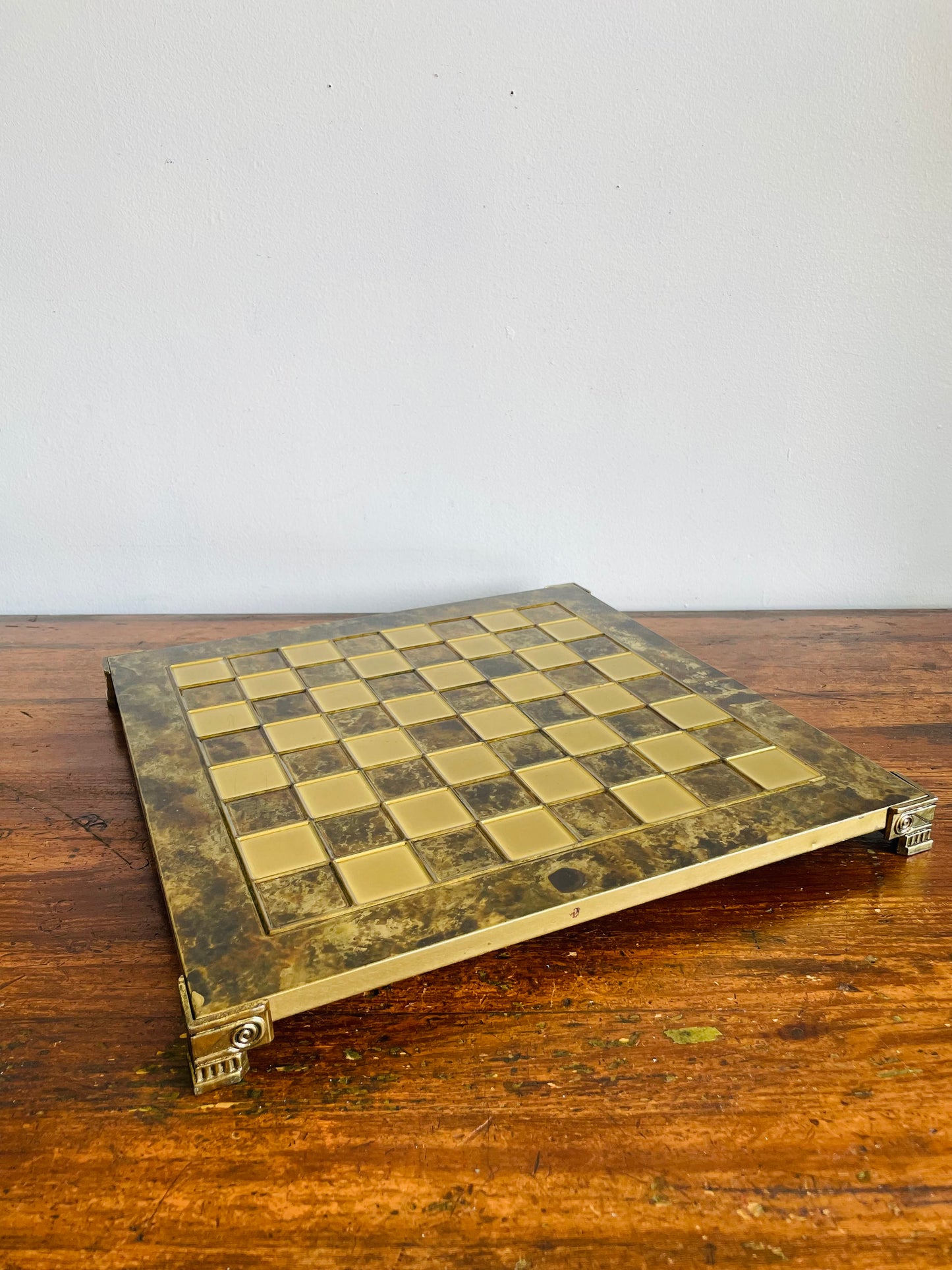 Footed Solid Brass Chessboard with Marbled Design - Great for a Game, Staging, Tray, Background, Etc.