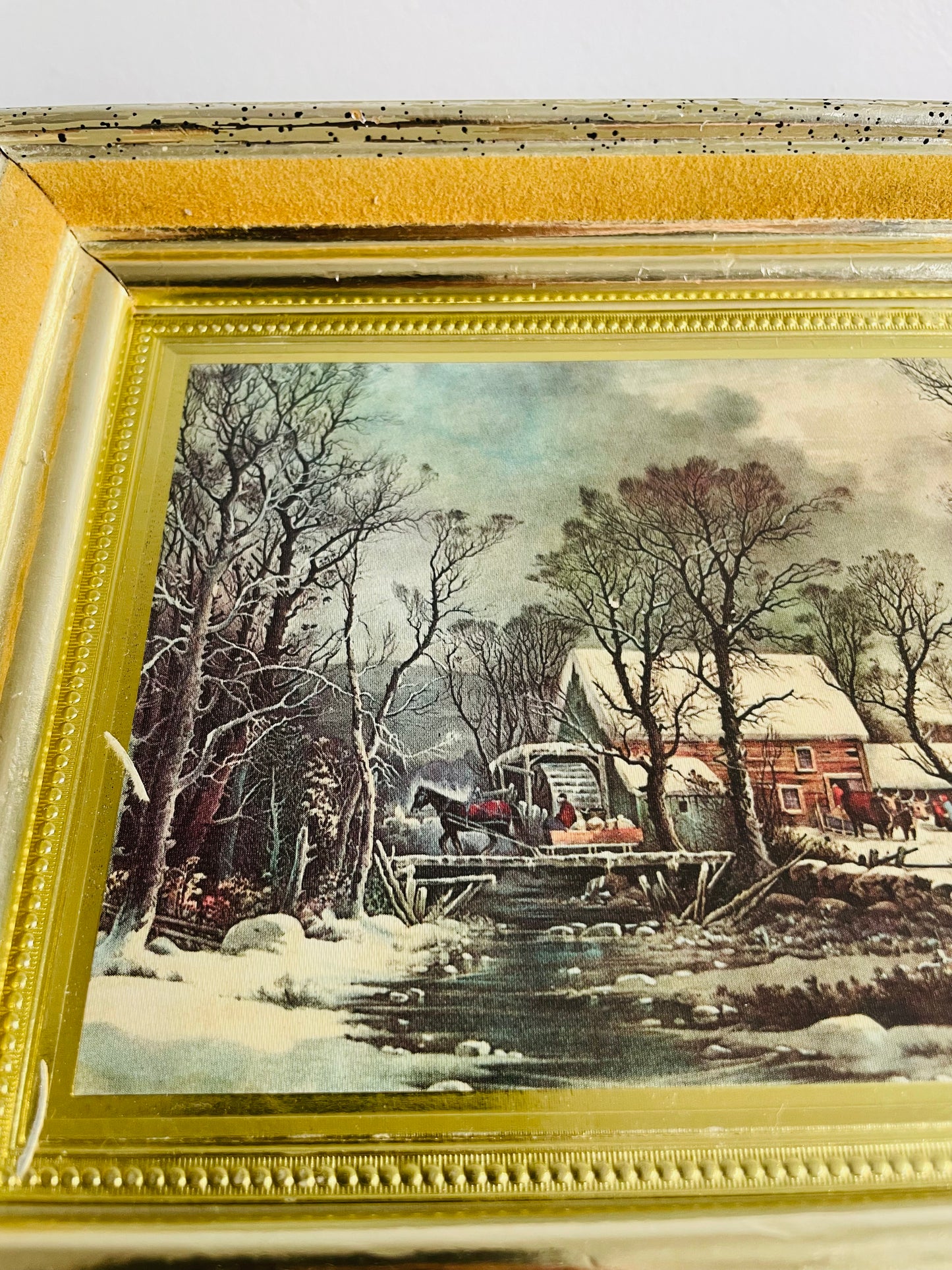 Framed Print of Snowy Farmhouse Scene with Horse Drawn Sleigh Over Bridge