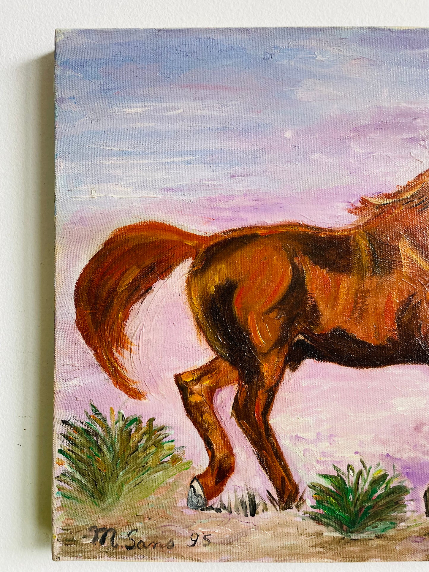 Vintage 1995 Original Art Painting Equestrian Picture of Prancing Brown Horse with Purple Sky - Artist Signed