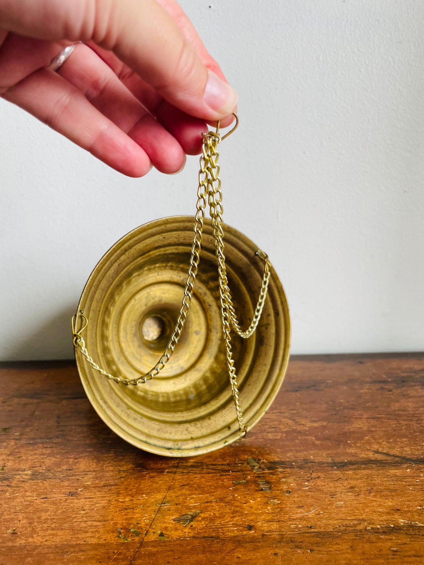 Vintage Brass Pedestal Dish Hanging Planter Pot - Can Stand or Hang from Chain