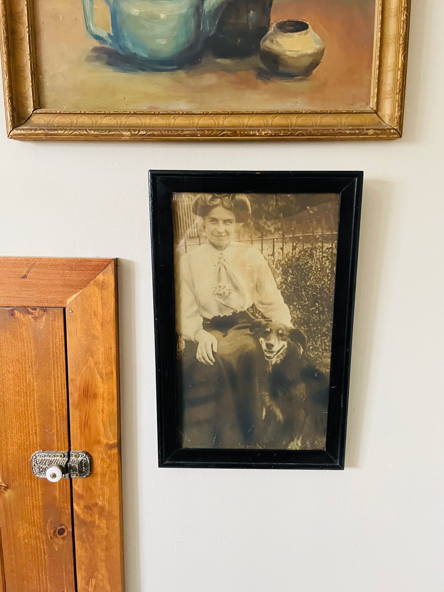 Antique Framed Sepia Photograph Picture of a Woman & Her Dog - Late 1800s / Early 1900s