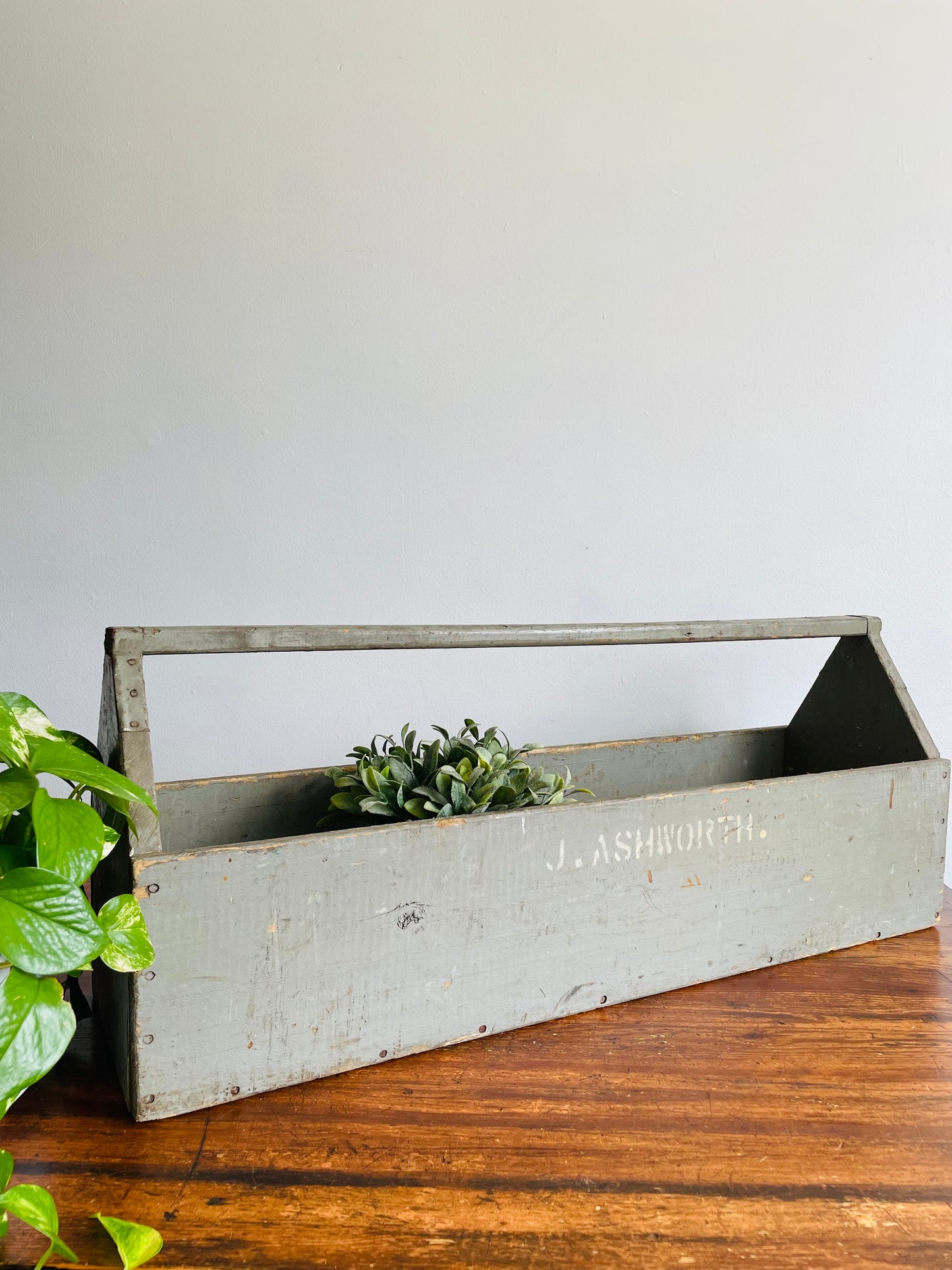 Giant Grey Wood Toolbox with Metal Supports on Handle - Stamped J. Ashworth - Makes a Beautiful Planter Box!
