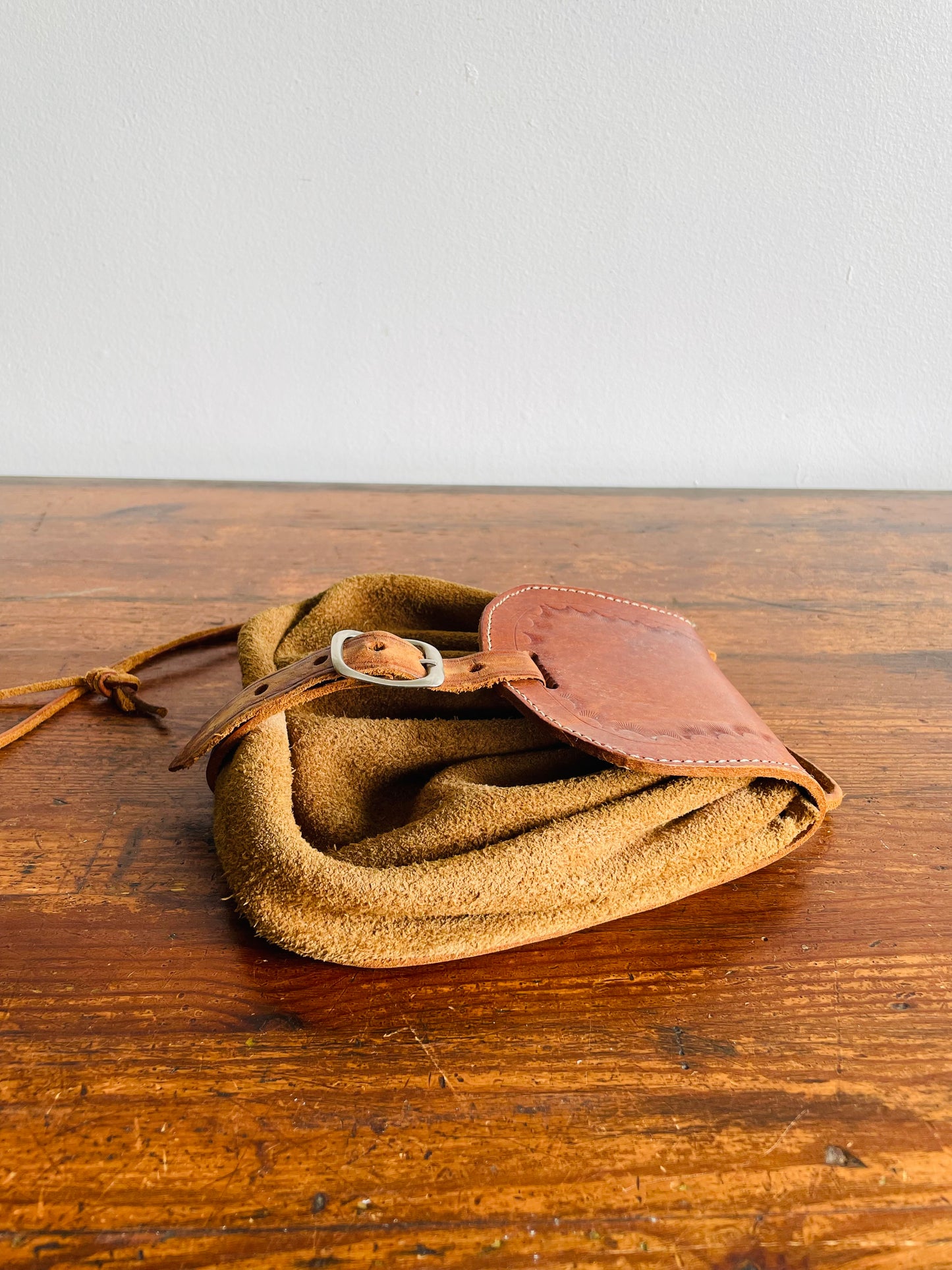 Tooled Leather & Suede Drawstring Purse