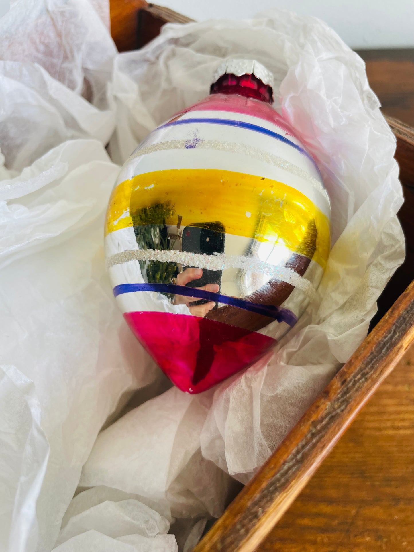 Glass Ornament with Red, Purple & Yellow Stripes