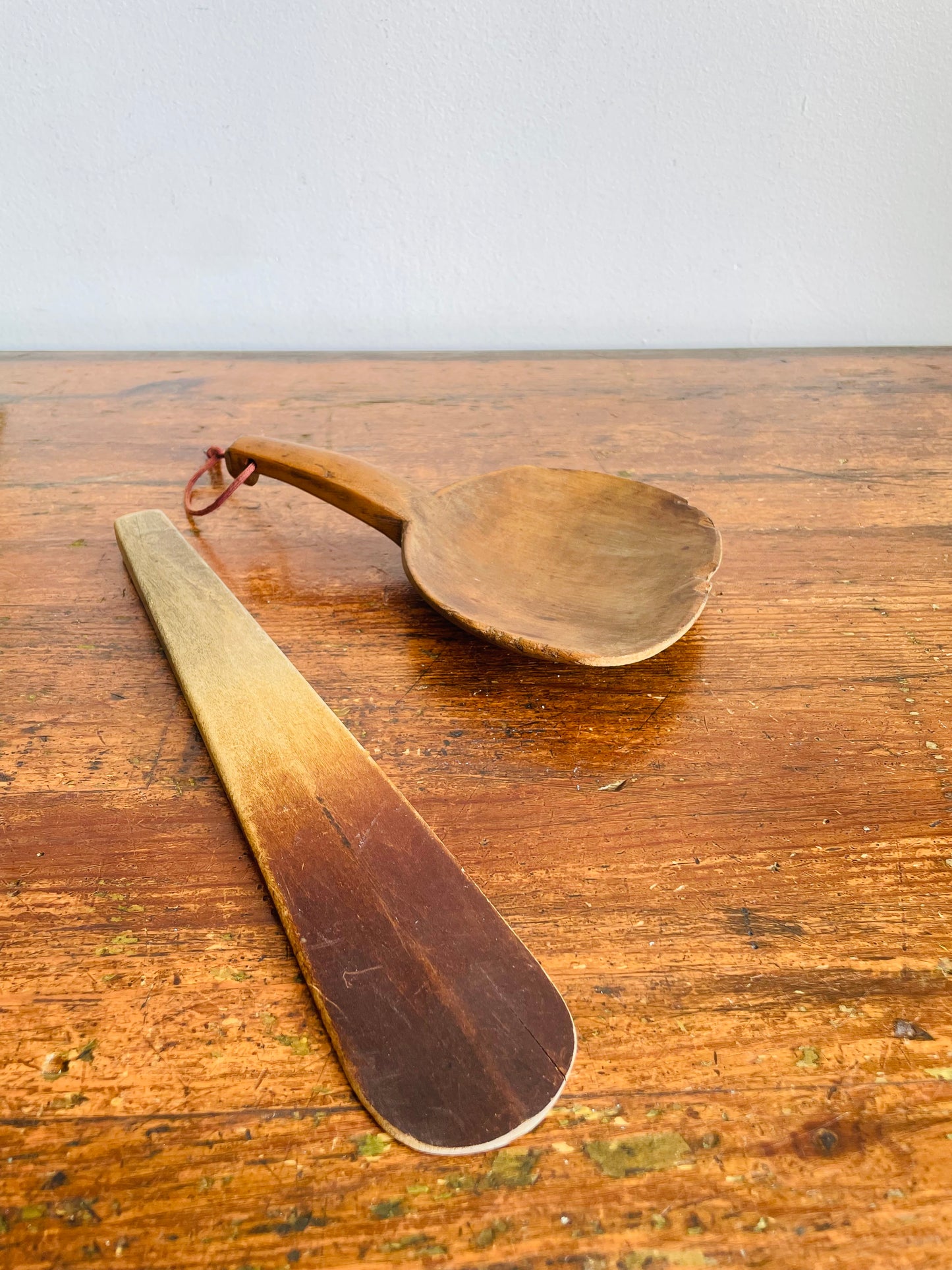Antique Primitive Wood Farmhouse Kitchen Utensil Set - Scoop Paddle on Rope & Spatula Spoon - Set of 2