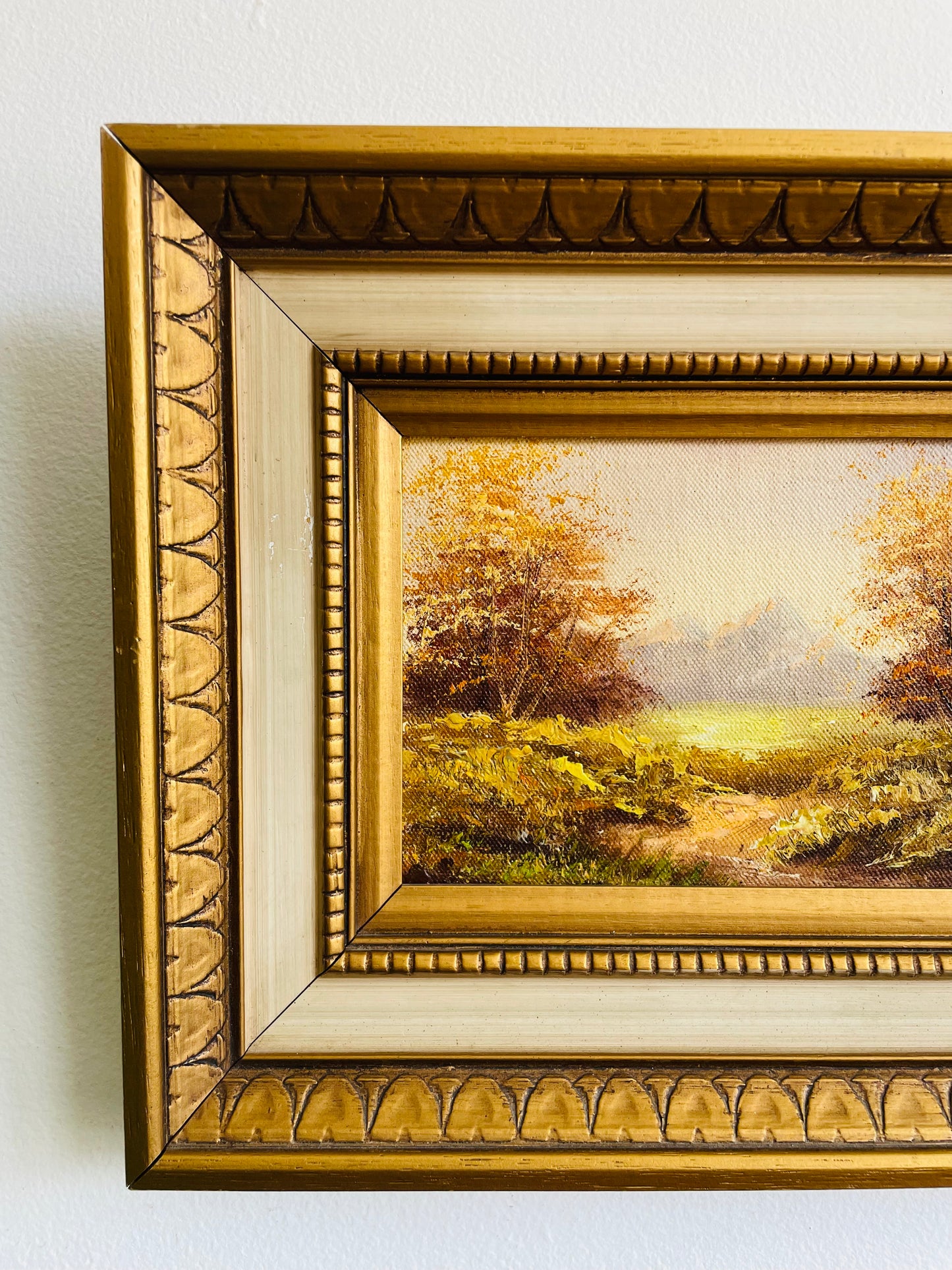 Original Art Painting of Landscape Scene in Gold & Cream Wood Frame