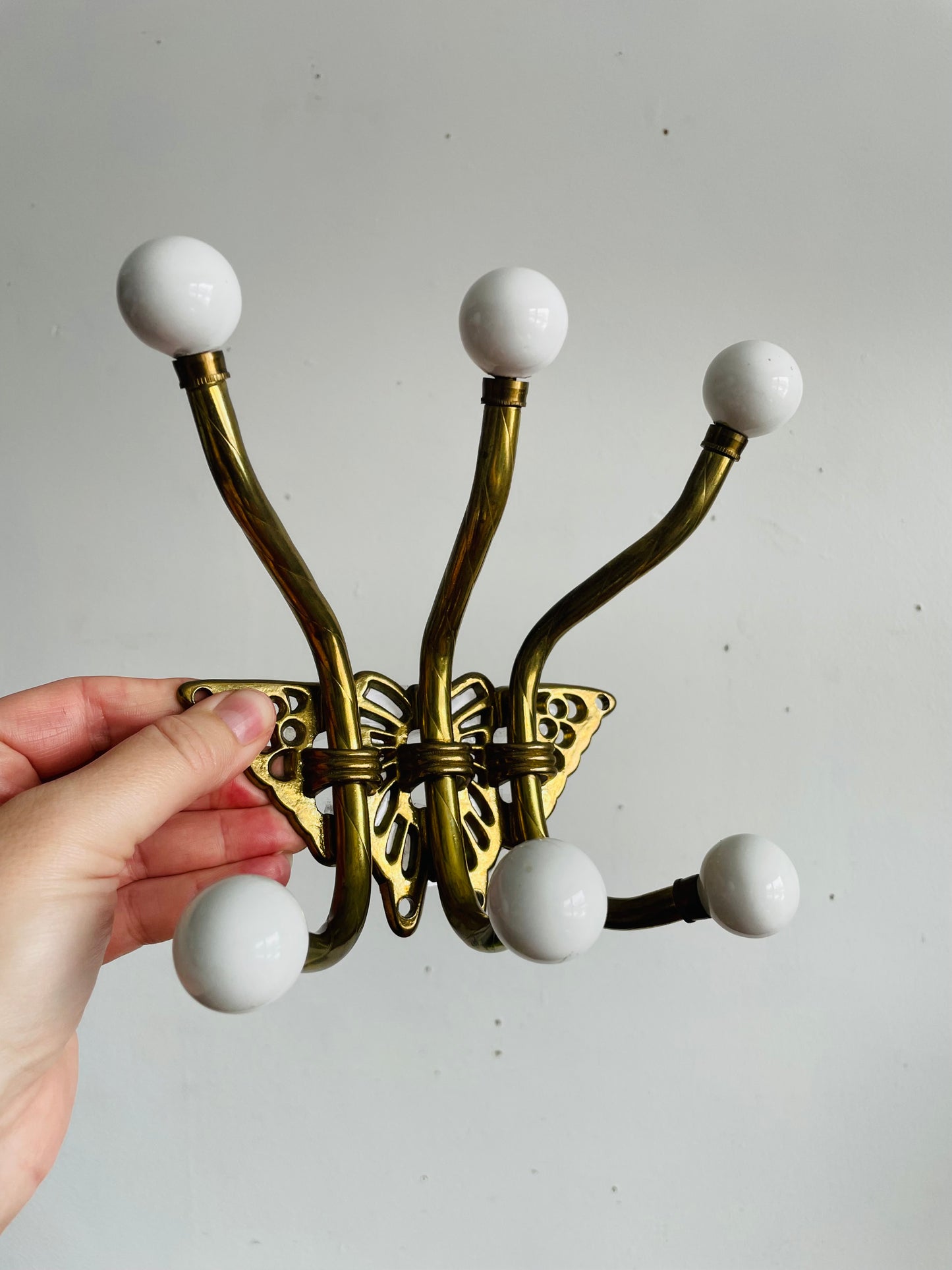 Vintage Brass & Ceramic Butterfly Wall Hook Hanger with 6 Hooks & Hanging Hardware - As Is