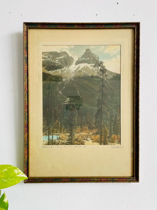 Vintage Genuine Hand Coloured Photograph Picture Signed by Joseph Frederick Spalding - Cathedral Mountain & Kicking Horse River - Yoho National Park - BC Canada