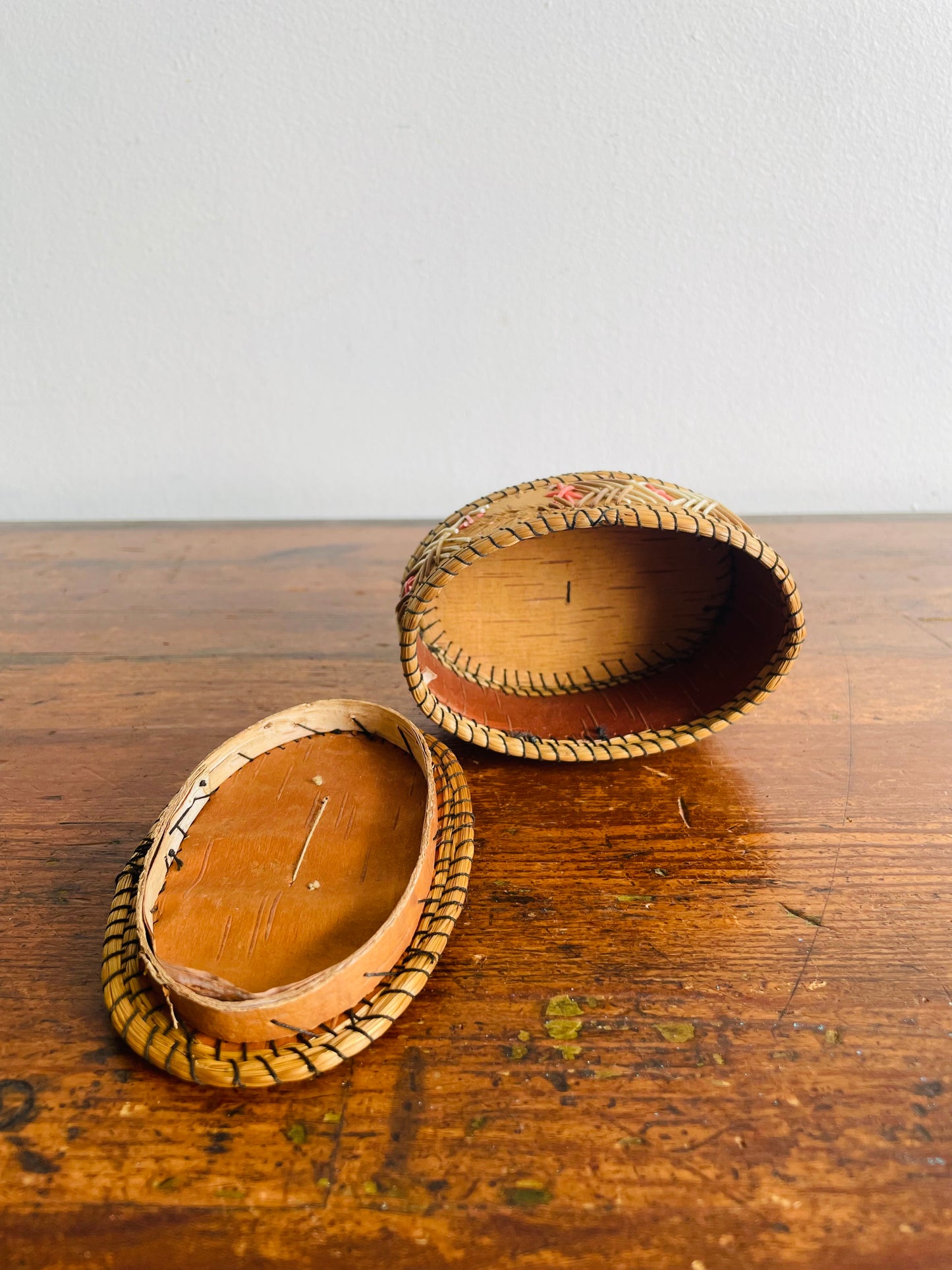 Indigenous Birch Bark & Porcupine Quill Oval Shaped Box with Lid