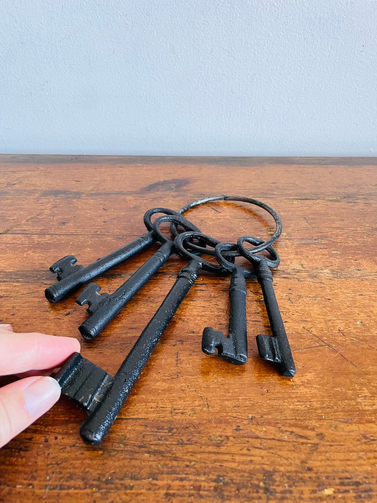 Vintage Black Cast Iron Oversized Ring of Five Skeleton Keys