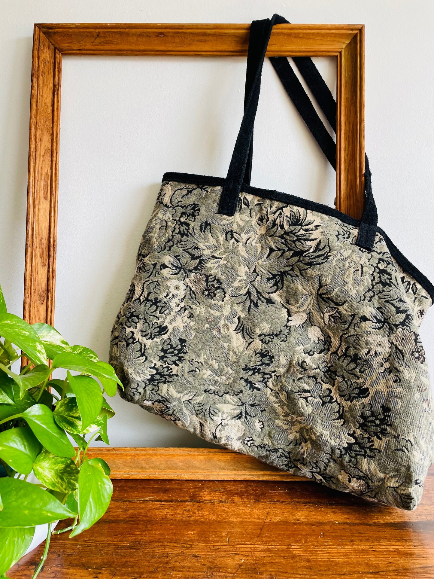 Giant Muted Floral Tapestry Carpet Tote Bag with Leather Handles & Lined Interior - Made in USA