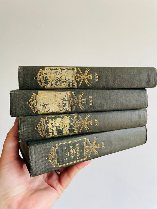 Antique Alexandre Dumas Forest Green Hardcover Book Bundle - Volumes 21, 22, 23, 25 - Taking The Bastile, The Countess De Charny, The Chevalier De Maison Rouge, & The Whites And The Blues (1910)