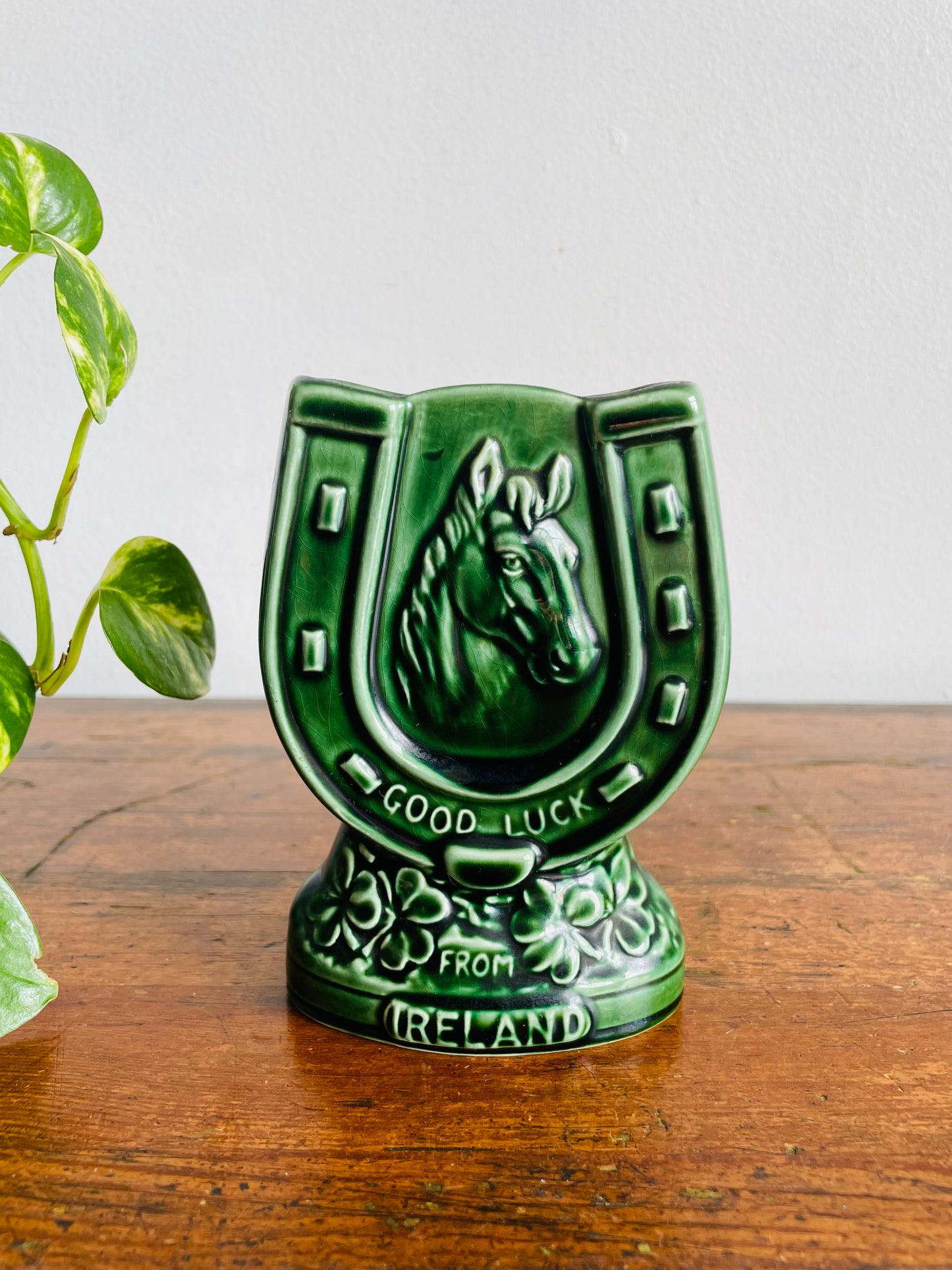 Vintage Green Sylvac 4110 Good Luck From Ireland Vase, Match, or Incense Holder with Horseshoe Horse Equestrian Design #1 - Made in England