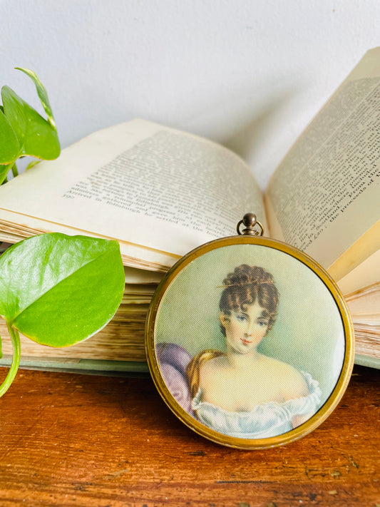Vintage Miniature Round Victorian Lady Portrait Print Picture in Brass Frame
