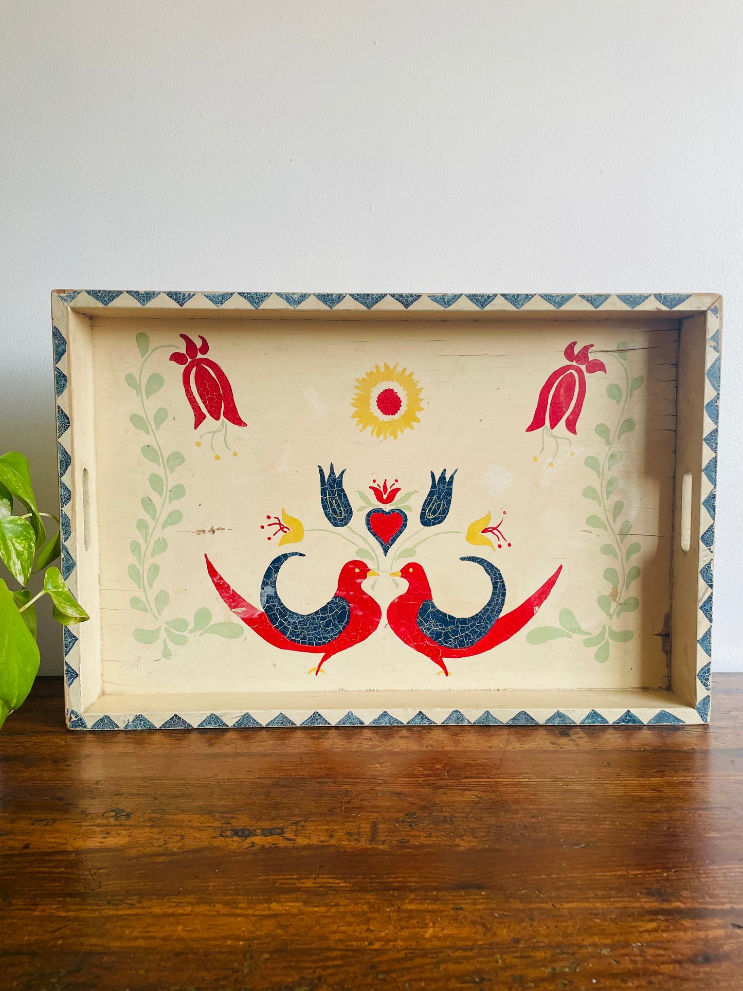 Hand Painted Wood Deep Serving Tray with Handles - Bird & Flower Folk Art Design