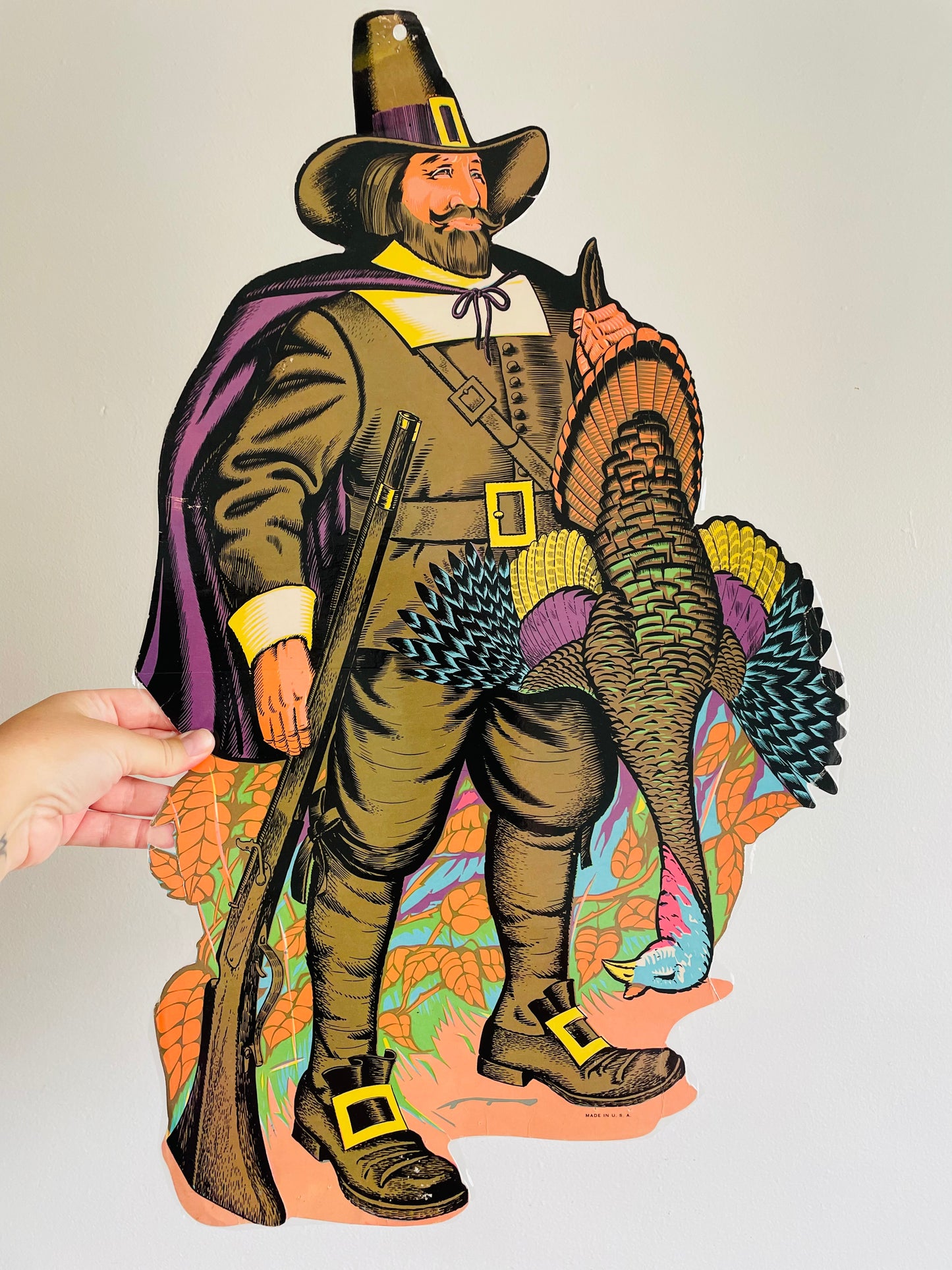 Vintage Thanksgiving Cardboard Cutout - Giant Pilgrim with Turkey