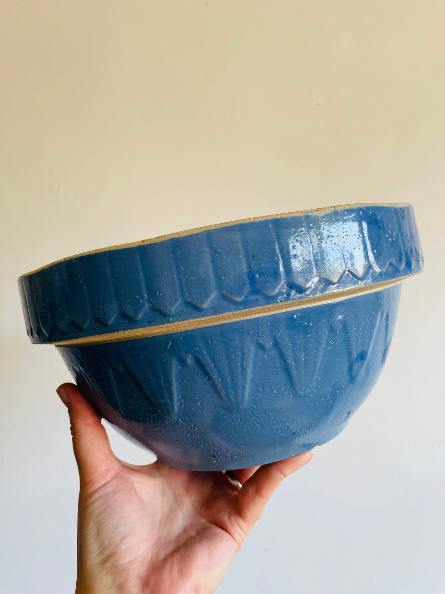 Large Blue Salt Glaze Stoneware Pottery Mixing Bowl with Picket Fence & Inverted Triangle Design