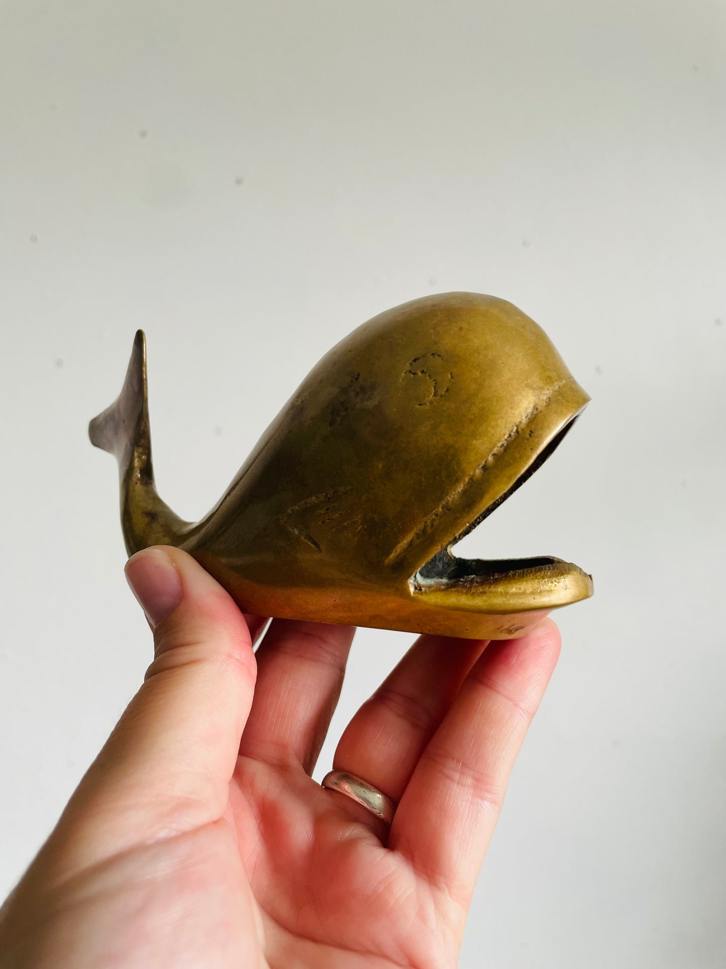 Vintage Solid Brass Open-Mouth Whale Figurine - Ashtray, Trinket Dish, Cone Incense Burner, Etc.