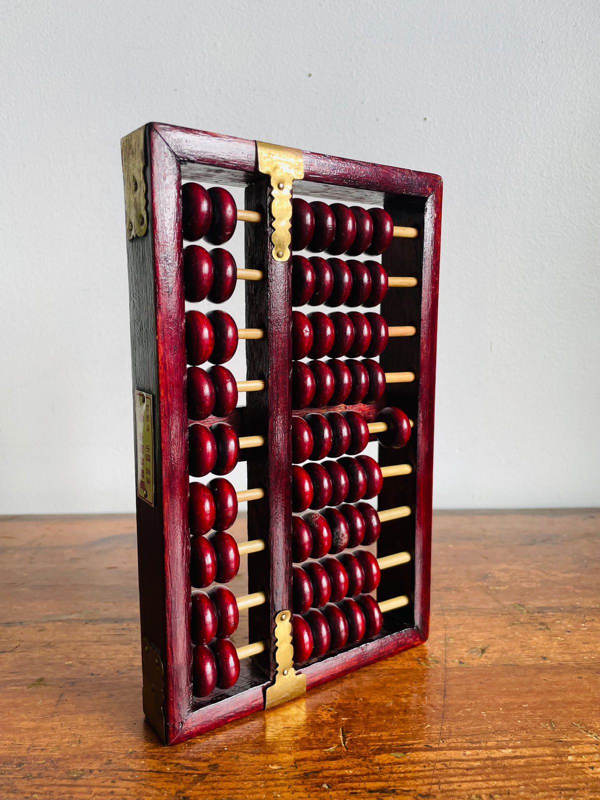 Vintage Red Lion Brand Chinese Suanpan Wood Abacus with Brass Details