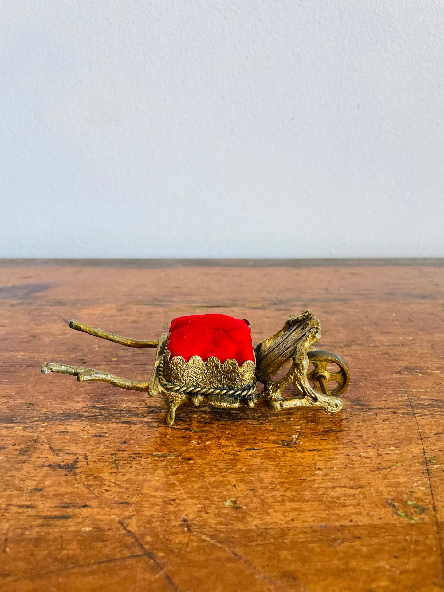 Vintage Miniature Brass Wheelbarrow Pin Cushion